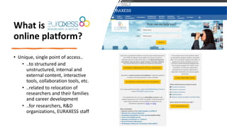 What is EURAXESS
online platform?
• Unique, single point of access..
• ..to structured and
unstructured, internal and
external content, interactive
tools, collaboration tools, etc.
• ..related to relocation of
researchers and their families
and career development
• ..for researchers, R&D
organizations, EURAXESS staff
 