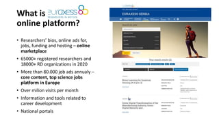 What is EURAXESS
online platform?
• Researchers’ bios, online ads for,
jobs, funding and hosting – online
marketplace
• 65000+ registered researchers and
18000+ RD organizations in 2020
• More than 80.000 job ads annualy –
core content, top science jobs
platform in Europe
• Over milion visits per month
• Information and tools related to
career development
• National portals
 