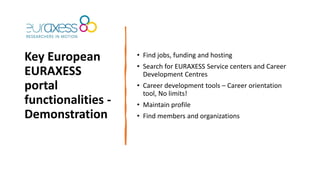 Key European
EURAXESS
portal
functionalities -
Demonstration
• Find jobs, funding and hosting
• Search for EURAXESS Service centers and Career
Development Centres
• Career development tools – Career orientation
tool, No limits!
• Maintain profile
• Find members and organizations
 