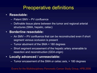 Preoperative definitions
• Resectable:
– Patent SMV – PV confluence
– Definable tissue plane between the tumor and regional arterial
structures (SMA, hepatic, celiac)
• Borderline resectable:
– An SMV – PV confluence that can be reconstructed even if short
segment venous occlusion is present
– Tumor abutment of the SMA < 180 degrees
– Short segment encasement of the hepatic artery amenable to
resection and reconstruction (GDA origin)
• Locally advanced / unresectable:
– Tumor encasement of the SMA or celiac axis, > 180 degrees
Evans for the Multidisciplinary Pancreatic Cancer Study Group, HPB 2006
 