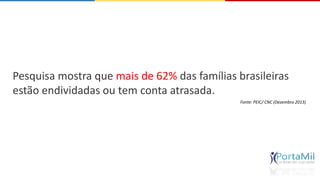 Pesquisa mostra que mais de 62% das famílias brasileiras 
estão endividadas ou tem conta atrasada. 
Fonte: PEIC/ CNC (Dezembro 2013) 
 