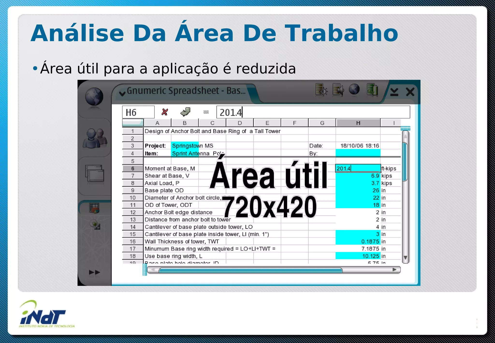 Análise Da Área De Trabalho
•Área útil para a aplicação é reduzida
 