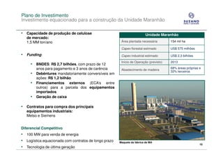 Plano de Investimento
Investimento equacionado para a construção da Unidade Maranhão

• Capacidade de produção de celulose                                      Unidade Maranhão
   de mercado:
   1,5 MM ton/ano                                       Área plantada necessária        154 mil ha

                                                        Capex florestal estimado        US$ 575 milhões

• Funding:                                              Capex industrial estimado       US$ 2,3 bilhões
                                                        Início de Operação (previsto)   2013
     • BNDES: R$ 2,7 bilhões, com prazo de 12
         anos para pagamento e 3 anos de carência                                       68% áreas próprias e
                                                        Abastecimento de madeira
                                                                                        32% terceiros
     •   Debêntures mandatoriamente conversíveis em
         ações: R$ 1,2 bilhão
     •   Financiamentos externos (ECA’s entre
         outros) para a parcela dos equipamentos
         importados
     •   Geração de caixa

• Contratos para compra dos principais
   equipamentos industriais:
   Metso e Siemens


Diferencial Competitivo
• 100 MW para venda de energia
• Logística equacionada com contratos de longo prazo   Maquete da fábrica de MA
                                                                                                           10
• Tecnologia de última geração
 