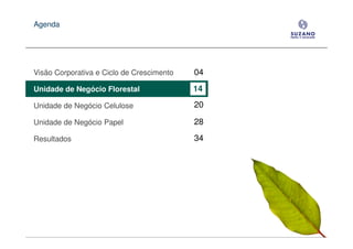 Agenda




Visão Corporativa e Ciclo de Crescimento   04
Unidade de Negócio Florestal               14
Unidade de Negócio Celulose                20

Unidade de Negócio Papel                   28

Resultados                                 34
 