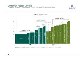 Unidade de Negócio Celulose
Custo Caixa de Celulose no Brasil é Estruturalmente Baixo


                                                                 US$ / ton (CIF/ Norte Europa)


                                                                                                                                                                                                US$ 549 - 744 / ton

                                                                                   US$ 454 - 625 / ton
     700
                                                                                                                                                                                                                         Japão
                                                                                                                                     US$ 406 - 426 / ton

     600                                                                                                        Suécia




                                                                                                                                                                                                                                 Interior de British Columbia / Alberta
                                                                               Finlândia




                                                                                                                                                                                                                                                                          Costa de British Columbia
     500




                                                                                                                                                                                                                                                                                                      Leste do Canadá
                            US$ 329 – 371 / ton
     400




                                                                                               Estados Unidos




                                                                                                                                                                          Estados Unidos




                                                                                                                                                                                                                Suécia
                                                                    Portugal/Espanha




                                                                                                                                 Japão




                                                                                                                                                                                                    FInlândia
                                                                                                                                         Coréia do Sul




                                                                                                                                                                                           França
                                                                                                                França/Bélgica
     300


                                                                                       China
                                                     Indonésia




                                                                                                                                                                 Russia
                                                                                                                                                         Chile
                                           Chile




                      Brasil




                                                    Fibra Curta                                                                                                                            Fibra Longa


           Fonte: Hawkins Wright, abr/ 11 - Volumes não incluem capacidade de produção de celulose não branqueada e pasta mecânica.




24
 