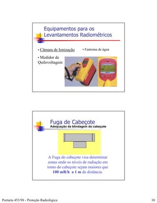 Equipamentos para os
                            Levantamentos Radiométricos

                        • Câmara de Ionização       • Fantoma de água

                        • Medidor de
                        Quilovoltagem




                                 Fuga de Cabeçote
                                 Adequação da blindagem do cabeçote




                                A Fuga do cabeçote visa determinar
                               zonas onde os níveis de radiação em
                               torno do cabeçote sejam maiores que
                                  100 mR/h a 1 m de distância.




Portaria 453/98 - Proteção Radiológica                                  10
 