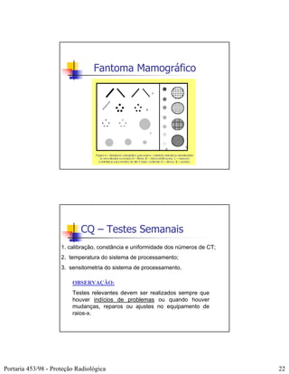 Fantoma Mamográfico




                            CQ – Testes Semanais
                     1. calibração, constância e uniformidade dos números de CT;
                     2. temperatura do sistema de processamento;
                     3. sensitometria do sistema de processamento.

                         OBSERVAÇÃO:
                         Testes relevantes devem ser realizados sempre que
                         houver indícios de problemas ou quando houver
                         mudanças, reparos ou ajustes no equipamento de
                         raios-x.




Portaria 453/98 - Proteção Radiológica                                             22
 
