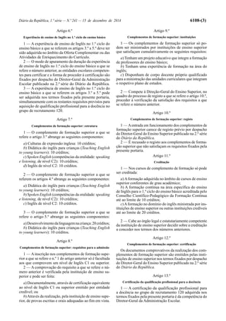 Diário da República, 1.ª série — N.º 241 — 15 de dezembro de 2014 6108-(3)
Artigo 6.º
Experiência de ensino de Inglês no 1.º ciclo do ensino básico
1 — A experiência de ensino de Inglês no 1.º ciclo do
ensino básico a que se referem os artigos 3.º a 5.º deve ter
sido adquirida no âmbito da Oferta Complementar ou das
Atividades de Enriquecimento do Currículo.
2 — O modo de apuramento da duração da experiência
de ensino de Inglês no 1.º ciclo do ensino básico a que se
refere o número anterior, as entidades escolares competen-
tes para certificar e a forma de proceder à certificação são
fixados por despacho do Diretor-Geral da Administração
Escolar publicado na 2.ª série do Diário da República.
3 — A experiência de ensino de Inglês no 1.º ciclo do
ensino básico a que se referem os artigos 3.º a 5.º pode
ser adquirida nos termos fixados pela presente portaria,
simultaneamente com os restantes requisitos previstos para
aquisição de qualificação profissional para a docência no
grupo de recrutamento 120.
Artigo 7.º
Complementos de formação superior: estrutura
1 — O complemento de formação superior a que se
refere o artigo 3.º abrange as seguintes componentes:
a) Culturas de expressão inglesa: 10 créditos;
b) Didática do inglês para crianças (Teaching English
to young learners): 10 créditos;
c) Spoken English (competências da oralidade: speaking
e listening, de nível C2): 10 créditos;
d) Inglês de nível C2: 10 créditos.
2 — O complemento de formação superior a que se
referem os artigos 4.º abrange as seguintes componentes:
a) Didática do inglês para crianças (Teaching English
to young learners): 10 créditos;
b) Spoken English (competências da oralidade: speaking
e listening, de nível C2): 10 créditos;
c) Inglês de nível C2: 10 créditos.
3 — O complemento de formação superior a que se
refere o artigo 5.º abrange as seguintes componentes:
a)Desenvolvimentodalinguagemnacriança:20créditos;
b) Didática do inglês para crianças (Teaching English
to young learners): 10 créditos.
Artigo 8.º
Complementos de formação superior: requisitos para a admissão
1 — A inscrição nos complementos de formação supe-
rior a que se refere o n.º 1 do artigo anterior só é facultada
aos que comprovem um nível de Inglês C1 ou superior.
2 — A comprovação do requisito a que se refere o nú-
mero anterior é verificada pela instituição de ensino su-
perior e pode ser feita:
a) Documentalmente, através de certificação equivalente
ao nível de Inglês C1 ou superior emitido por entidade
credível; ou
b)Através da realização, pela instituição de ensino supe-
rior, de provas escritas e orais adequadas ao fim em vista.
Artigo 9.º
Complementos de formação superior: instituições
1 — Os complementos de formação superior só po-
dem ser ministrados por instituições de ensino superior
que satisfaçam cumulativamente os seguintes requisitos:
a) Tenham um projeto educativo que integre a formação
de professores do ensino básico;
b) Tenham uma experiência de formação na área do
inglês;
c) Disponham de corpo docente próprio qualificado
para a ministração das unidades curriculares que integram
o respetivo plano de estudos.
2 — Compete à Direção-Geral do Ensino Superior, no
quadro do processo de registo a que se refere o artigo 10.º,
proceder à verificação da satisfação dos requisitos a que
se refere o número anterior.
Artigo 10.º
Complementos de formação superior: registo
1 — Aentrada em funcionamento dos complementos de
formação superior carece de registo prévio por despacho
do Diretor-Geral do Ensino Superior publicado na 2.ª série
do Diário da República.
2 — É recusado o registo aos complementos de forma-
ção superior que não satisfaçam os requisitos fixados pela
presente portaria.
Artigo 11.º
Creditação
1 — Nos cursos de complemento de formação só pode
ser creditada:
a)Aformação adquirida no âmbito de cursos de ensino
superior conferentes de grau académico;
b) A formação contínua na área específica do ensino
de Inglês para o 1.º ciclo do ensino básico acreditada pelo
Conselho Científico-Pedagógico da Formação Contínua
até ao limite de 10 créditos;
c)Aformação no domínio do inglês ministrada por ins-
tituições de ensino superior ou outras instituições credíveis
até ao limite de 20 créditos.
2 — Cabe ao órgão legal e estatutariamente competente
da instituição de ensino superior decidir sobre a creditação
a conceder nos termos dos números anteriores.
Artigo 12.º
Complementos de formação superior: certificação
Os documentos comprovativos da realização dos com-
plementos de formação superior são emitidos pelas insti-
tuições de ensino superior nos termos fixados por despacho
do Diretor-Geral do Ensino Superior publicado na 2.ª série
do Diário da República.
Artigo 13.º
Certificação da qualificação profissional para a docência
1 — A certificação da qualificação profissional para
a docência no grupo de recrutamento 120 adquirida nos
termos fixados pela presente portaria é da competência do
Diretor-Geral da Administração Escolar.
 