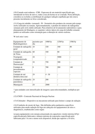 (10) Camada semi-redutora - CSR - Espessura de um material especificado que,
introduzido no feixe de raios-x, reduz a taxa de kerma no ar à metade. Nesta definição,
considera-se excluída a contribuição de qualquer radiação espalhada que não estava
presente inicialmente no feixe considerado.
(11) Carga de trabalho -(semanal) - W - Somatório dos produtos da corrente pelo tempo
(mAs) utilizados na semana. Aproximadamente, o produto do número de radiografias
semanais pelo mAs médio utilizado. Para relatórios de levantamento radiométrico e para
planejamento de blindagem, os seguintes valores típicos de carga de trabalho semanal,
podem ser utilizados como orientação para a obtenção de valores realistas.
W (mA min / sem)
Equipamento de
Radiodiagnóstico
pacientes por
dia
100kVp 125kVp 150kVp
Unidade de radiografia
geral
24 320 160 80
Unidade de radiografia
de Tórax
60 160 80 -
Tomógrafo
computadorizado
24 - 5000 -
Unidade de
fluoroscopia*
24 750 300 -
Unidade de
procedimentos
especiais
8 700 280 140
Unidade de rad.
dentária intra-oral
24 4 - 30 - -
Unidade de radiografia
panorâmica
24 200 - -
Mamógrafo 24 2000 - -
* para unidades sem intensificador de imagem e para telecomandados, multiplicar por
2)
(12) CNEN - Comissão Nacional de Energia Nuclear.
(13) Colimador - Dispositivo ou mecanismo utilizado para limitar o campo de radiação.
(14) Condições de ensaio de fuga - São definidas pelos parâmetros específicos
utilizados para medir radiação de fuga em cabeçotes de equipamentos de raios-x
diagnósticos, estabelecidos como segue:
(a) para equipamento com energia armazenada em capacitores: tensão máxima (kVp)
especificada pelo fabricante e número máximo de exposições especificado pelo
fabricante para 1 h com o menor mAs disponível, desde que superior a 10 mAs;
 