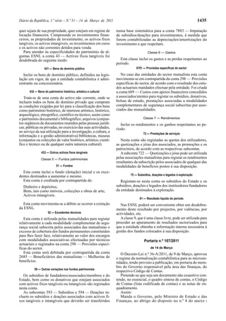 Diário da República, 1.ª série—N.º 51—14 de Março de 2011 1435
quer sejam de sua propriedade, quer estejam em regime de
locação financeira. Compreende os investimentos finan-
ceiros, as propriedades de investimento, os activos fixos
tangíveis, os activos intangíveis, os investimentos em curso
e os activos não correntes detidos para venda.
Para atender às especificidades do património de al-
gumas ESNL a conta 43 — Activos fixos tangíveis foi
desdobrada do seguinte modo:
431 — Bens do domínio público
Inclui os bens de domínio público, definidos na legis-
lação em vigor, de que a entidade contabilística é admi-
nistrante ou concessionária.
432 — Bens do património histórico, artístico e cultural
Trata-se de uma conta do activo não corrente, onde se
incluem todos os bens do domínio privado que cumpram
as condições exigidas por lei para a classificação dos bens
como património histórico, de interesse artístico, histórico,
arqueológico, etnográfico, científico ou técnico, assim como
o património documental e bibliográfico, arquivos (conjun-
tos orgânicos de documentos reunidos pelas pessoas jurídi-
cas, públicas ou privadas, no exercício das suas actividades,
ao serviço da sua utilização para a investigação, a cultura, a
informação e a gestão administrativa) bibliotecas, museus
(conjuntos ou colecções de valor histórico, artístico, cientí-
fico e técnico ou de qualquer outra natureza cultural).
433 — Outros activos fixos tangíveis
Classe 5 — Fundos patrimoniais
51 — Fundos
Esta conta inclui o fundo (dotação) inicial e os exce-
dentes destinados a aumentar o mesmo.
Esta conta é creditada por contrapartida de:
Dinheiro e depósitos;
Bens, tais como imóveis, colecções e obras de arte;
Activos intangíveis.
Esta conta movimenta-se a débito se ocorrer a extinção
da ESNL.
52 — Excedentes técnicos
Esta conta é utilizada pelas mutualidades para registar
relativamente a cada modalidade complementar de segu-
rança social subscrita pelos associados das mutualistas o
excesso de cobertura dos fundos permanentes constituídos
para lhes fazer face, relativamente ao valor dos encargos
com modalidades associativas efectuadas por técnicos
actuariais e registados na conta 298 — Provisões especí-
ficas do sector.
Esta conta será debitada por contrapartida da conta
2685 — Beneficiários das mutualistas — Melhorias de
benefícios.
59 — Outras variações nos fundos patrimoniais
Os subsídios de fundadores/associados/membros e do
Estado, bem como os donativos que estejam associados
com activos fixos tangíveis ou intangíveis são registados
nesta conta.
As subcontas 593 — Subsídios e 594 — Doações in-
cluem os subsídios e doações associados com activos fi-
xos tangíveis e intangíveis que deverão ser transferidos
numa base sistemática para a conta 7883 — Imputação
de subsídios/doações para investimentos, à medida que
forem contabilizadas as depreciações/amortizações do
investimento a que respeitam.
Classe 6 — Gastos
Esta classe inclui os gastos e as perdas respeitantes ao
período.
6781 — Provisões específicas do sector
No caso das entidades do sector mutualista esta conta
movimenta-se em contrapartida da conta 298 — Provisões
específicas do sector, de acordo com o resultado dos estu-
dos actuariais mandados efectuar pela entidade. Foi criada
a conta 689 — Custos com apoios financeiros concedidos
a associados/utentes para registar os subsídios, donativos,
bolsas de estudo, prestações associadas a modalidades
complementares de segurança social subscritas por asso-
ciados das mutualidades.
Classe 7 — Rendimentos
Inclui os rendimentos e os ganhos respeitantes ao pe-
ríodo.
72 — Prestações de serviços
Nesta conta são registadas as quotas dos utilizadores,
as quotizações e jóias dos associados, as promoções e os
patrocínios, de acordo com as respectivas subcontas.
Asubconta 722 — Quotizações e jóias pode ser utilizada
pelas associações mutualistas para registar os rendimentos
resultantes da subscrição pelos associados de qualquer das
modalidades de benefícios postos à sua disposição.
75 — Subsídios, doações e legados à exploração
Registam-se nesta conta os subsídios do Estado e os
subsídios, doações e legados dos instituidores/fundadores
da entidade destinados à exploração.
81 — Resultado líquido do período
Nas ESNL poderá ser conveniente obter um desdobra-
mento deste resultado por projectos, por valências, por
actividades, etc.
Aclasse 9, que é uma classe livre, pode ser utilizada para
proceder ao apuramento de resultados sectorizados para
que a entidade obtenha a informação interna necessária à
gestão dos fundos colocados à sua disposição.
Portaria n.º 107/2011
de 14 de Março
O Decreto-Lei n.º 36-A/2011, de 9 de Março, aprovou
o regime da normalização contabilística para as microen-
tidades, tendo previsto a publicação, em portaria do mem-
bro do Governo responsável pela área das finanças, do
respectivo Código de Contas.
Pretende-se que seja um documento não exaustivo con-
tendo, no essencial, o quadro síntese de contas, o Código
de Contas (lista codificada de contas) e as notas de en-
quadramento.
Assim:
Manda o Governo, pelo Ministro de Estado e das
Finanças, ao abrigo do disposto no n.º 4 do anexo I
 