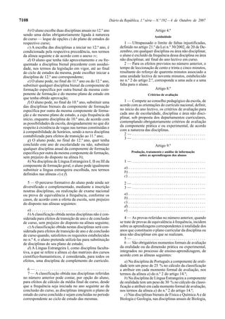 7108                                                                               Diário da República, 1.ª série — N.º 192 — 4 de Outubro de 2007

    b) O aluno escolhe duas disciplinas anuais no 12.º ano                                                                Artigo 4.º
 sendo uma delas obrigatoriamente ligada à natureza                                                                       Assiduidade
 do curso — leque de opções c) do plano de estudos do
 respectivo curso;                                                                           1 — Ultrapassado o limite de faltas injustificadas,
    c) A escolha das disciplinas a iniciar no 12.º ano, é                                 definido no artigo 21.º da Lei n.º 30/2002, de 20 de De-
 condicionada pela respectiva precedência, nos termos                                     zembro, em qualquer disciplina ou área não disciplinar,
 da alínea seguinte e de acordo com o anexo IV;                                           o aluno é excluído da frequência dessa disciplina ou área
    d) O aluno que tenha tido aproveitamento e ou fre-                                    não disciplinar, até final do ano lectivo em curso.
 quentado a disciplina bienal precedente com assidui-                                        2 — Para os efeitos previstos no número anterior, o
 dade, nos termos da legislação em vigor, até ao final                                    tempo de leccionação de cento e trinta e cinco minutos,
 do ciclo de estudos da mesma, pode escolher iniciar a                                    resultante do reforço de quarenta minutos associado a
 disciplina de 12.º ano correspondente;                                                   uma unidade lectiva de noventa minutos, estabelecido
    e) O aluno pode, no final do 11.º ano ou do 12.º ano,                                 no n.º 2 do artigo 2.º, corresponde a uma aula e a uma
 substituir qualquer disciplina bienal da componente de                                   falta para o aluno.
 formação específica por outra bienal da mesma com-                                                               Artigo 8.º
 ponente de formação e do mesmo plano de estudo em                                                                 Critérios de avaliação
 que tenha obtido aprovação;
    f) O aluno pode, no final do 10.º ano, substituir uma                                    1 — Compete ao conselho pedagógico da escola, de
 das disciplinas bienais da componente de formação                                        acordo com as orientações do currículo nacional, definir,
 específica por outra da mesma componente de forma-                                       no início do ano lectivo, os critérios de avaliação para
 ção e do mesmo plano de estudo, a cuja frequência dá                                     cada ano de escolaridade, disciplina e área não disci-
 início, enquanto disciplina de 10.º ano, de acordo com                                   plinar, sob proposta dos departamentos curriculares,
 as possibilidades da escola, designadamente no que diz                                   contemplando obrigatoriamente critérios de avaliação
 respeito à existência de vagas nas turmas constituídas e                                 da componente prática e ou experimental, de acordo
 à compatibilidade de horários, sendo a nova disciplina                                   com a natureza das disciplinas.
 contabilizada para efeitos de transição ao 11.º ano;                                        2— .....................................
                                                                                             3— .....................................
    g) O aluno pode, no final do 12.º ano, quer tenha
 concluído este ano de escolaridade ou não, substituir                                                                    Artigo 9.º
 qualquer disciplina anual da componente de formação
 específica por outra da mesma componente de formação,                                             Produção, tratamento e análise de informação
                                                                                                        sobre as aprendizagens dos alunos
 sem prejuízo do disposto na alínea b);
    h) Na disciplina de Língua Estrangeira I, II ou III da                                  1— .....................................
 componente de formação geral, o aluno pode igualmente
                                                                                            a) . . . . . . . . . . . . . . . . . . . . . . . . . . . . . . . . . . . . . . .
 substituir a língua estrangeira escolhida, nos termos                                      b) . . . . . . . . . . . . . . . . . . . . . . . . . . . . . . . . . . . . . . .
 definidos nas alíneas e) e f).                                                             c) . . . . . . . . . . . . . . . . . . . . . . . . . . . . . . . . . . . . . . .
    5 — O percurso formativo do aluno pode ainda ser                                        2— .....................................
 diversificado e complementado, mediante a inscrição                                        3— .....................................
 noutras disciplinas, ou realização de exame nacional
 ou prova de equivalência à frequência, conforme os                                         a) . . . . . . . . . . . . . . . . . . . . . . . . . . . . . . . . . . . . . . .
 casos, de acordo com a oferta da escola, sem prejuízo                                      b) . . . . . . . . . . . . . . . . . . . . . . . . . . . . . . . . . . . . . . .
 do disposto nas alíneas seguintes:                                                         c) . . . . . . . . . . . . . . . . . . . . . . . . . . . . . . . . . . . . . . .
                                                                                            d) . . . . . . . . . . . . . . . . . . . . . . . . . . . . . . . . . . . . . . .
    a) . . . . . . . . . . . . . . . . . . . . . . . . . . . . . . . . . . . . . . .        e) . . . . . . . . . . . . . . . . . . . . . . . . . . . . . . . . . . . . . . .
    b) A classificação obtida nestas disciplinas não é con-
 siderada para efeitos de transição de ano e de conclusão                                    4 — As provas referidas no número anterior, quando
 de curso, sem prejuízo do disposto na alínea seguinte;                                   se trate de provas de equivalência à frequência, incidem
    c) A classificação obtida nestas disciplinas será con-                                sobre as aprendizagens correspondentes à totalidade dos
 siderada para efeitos de transição de ano e de conclusão                                 anos que constituem o plano curricular da disciplina ou
 de curso quando, satisfeitos os requisitos estabelecidos                                 área não disciplinar em que se realizam.
 no n.º 4, o aluno pretenda utilizá-las para substituição                                    5— .....................................
 de disciplinas do seu plano de estudo;                                                      6 — São obrigatórios momentos formais de avaliação
    d) A Língua Estrangeira I, como disciplina faculta-                                   da oralidade ou da dimensão prática ou experimental,
 tiva, a que se refere a alínea a) das matrizes dos cursos                                integrados no processo de ensino-aprendizagem, de
 científico-humanísticos, é considerada, para todos os                                    acordo com as alíneas seguintes:
 efeitos, uma disciplina de complemento do currículo.                                        a) Na disciplina de Português a componente de orali-
                                                                                          dade tem um peso de 25 % no cálculo da classificação
    6— .....................................                                              a atribuir em cada momento formal de avaliação, nos
    7 — A classificação obtida nas disciplinas referidas                                  termos da alínea a) do n.º 2 do artigo 14.º;
 no número anterior pode contar, por opção do aluno,                                         b) Na disciplina de Língua Estrangeira a componente
 para efeitos de cálculo da média final de curso, desde                                   de oralidade tem um peso de 30 % no cálculo da classi-
 que a frequência seja iniciada no ano seguinte ao da                                     ficação a atribuir em cada momento formal de avaliação,
 conclusão do curso, as disciplinas integrem o plano de                                   nos termos da alínea a) do n.º 2 do artigo 14.º;
 estudo do curso concluído e sejam concluídas no período                                     c) Nas disciplinas bienais de Física e Química A e de
 correspondente ao ciclo de estudo das mesmas.                                            Biologia e Geologia, nas disciplinas anuais de Biologia,
 