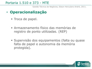 OperacionalizaçãoTroca de papel.Armazenamento físico das memórias de registro de ponto utilizadas. (REP)Supervisão dos equipamentos (falta ou quase falta de papel e autonomia da memória protegida).