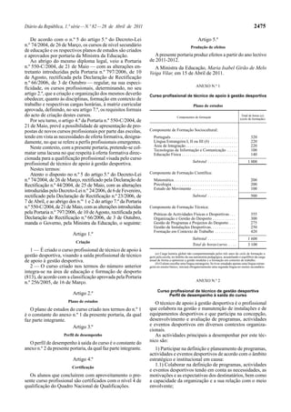 Diário da República, 1.ª série — N.º 82 — 28 de Abril de 2011                                                                                               2475

   De acordo com o n.º 5 do artigo 5.º do Decreto-Lei                                                       Artigo 5.º
n.º 74/2004, de 26 de Março, os cursos de nível secundário                                            Produção de efeitos
de educação e os respectivos planos de estudos são criados
e aprovados por portaria da Ministra da Educação.                     A presente portaria produz efeitos a partir do ano lectivo
   Ao abrigo do mesmo diploma legal, veio a Portaria               de 2011-2012.
n.º 550-C/2004, de 21 de Maio — com as alterações en-                A Ministra da Educação, Maria Isabel Girão de Melo
tretanto introduzidas pela Portaria n.º 797/2006, de 10            Veiga Vilar, em 15 de Abril de 2011.
de Agosto, rectificada pela Declaração de Rectificação
n.º 66/2006, de 3 de Outubro — regular, na sua especi-
                                                                                                           ANEXO N.º 1
ficidade, os cursos profissionais, determinando, no seu
artigo 2.º, que a criação e organização dos mesmos deverão         Curso profissional de técnico de apoio à gestão desportiva
obedecer, quanto às disciplinas, formação em contexto de
trabalho e respectivas cargas horárias, à matriz curricular                                             Plano de estudos
aprovada, definindo, no seu artigo 7.º, os requisitos formais
do acto de criação destes cursos.                                                         Componentes de formação
                                                                                                                                                   Total de horas (a)
                                                                                                                                                  (ciclo de formação)
   Por seu turno, o artigo 4.º da Portaria n.º 550-C/2004, de
21 de Maio, prevê a possibilidade de apresentação de pro-
postas de novos cursos profissionais por parte das escolas,        Componente de Formação Sociocultural:
tendo em vista as necessidades de oferta formativa, designa-          Português . . . . . . . . . . . . . . . . . . . . . . . . . . . . . . . .           320
damente, no que se refere a perfis profissionais emergentes.          Língua Estrangeira I, II ou III (b) . . . . . . . . . . . . .                       220
   Neste contexto, com a presente portaria, pretende-se col-          Área de Integração . . . . . . . . . . . . . . . . . . . . . . . . .                220
                                                                      Tecnologias de Informação e Comunicação . . . . .                                   100
matar uma lacuna no que respeita à oferta formativa direc-            Educação Física . . . . . . . . . . . . . . . . . . . . . . . . . . .               140
cionada para a qualificação profissional visada pelo curso
                                                                                                        Subtotal . . . . . . . . . . . . . .           1 000
profissional de técnico de apoio à gestão desportiva.
   Nestes termos:
   Atento o disposto no n.º 5 do artigo 5.º do Decreto-Lei         Componente de Formação Científica:
n.º 74/2004, de 26 de Março, rectificado pela Declaração de           Matemática. . . . . . . . . . . . . . . . . . . . . . . . . . . . . . .             200
Rectificação n.º 44/2004, de 25 de Maio, com as alterações            Psicologia. . . . . . . . . . . . . . . . . . . . . . . . . . . . . . . .           200
                                                                      Estudo do Movimento . . . . . . . . . . . . . . . . . . . . . .                     100
introduzidas pelo Decreto-Lei n.º 24/2006, de 6 de Fevereiro,
rectificado pela Declaração de Rectificação n.º 23/2006, de                                             Subtotal . . . . . . . . . . . . . .              500
7 de Abril, e ao abrigo dos n.os 1 e 2 do artigo 7.º da Portaria
n.º 550-C/2004, de 21 de Maio, com as alterações introduzidas      Componente de Formação Técnica:
pela Portaria n.º 797/2006, de 10 de Agosto, rectificada pela         Práticas de Actividades Físicas e Desportivas . . .                                 355
Declaração de Rectificação n.º 66/2006, de 3 de Outubro,              Organização e Gestão do Desporto . . . . . . . . . . .                              300
manda o Governo, pela Ministra da Educação, o seguinte:               Gestão de Programas e Projectos do Desporto . . .                                   275
                                                                      Gestão de Instalações Desportivas. . . . . . . . . . . .                            250
                                                                      Formação em Contexto de Trabalho . . . . . . . . . .                                420
                          Artigo 1.º
                                                                                                        Subtotal . . . . . . . . . . . . . .           1 600
                            Criação
                                                                                                        Total de horas/curso. . . . .                  3 100
   1 — É criado o curso profissional de técnico de apoio à
                                                                        (a) Carga horária global não compartimentada pelos três anos do ciclo de formação a
gestão desportiva, visando a saída profissional de técnico         gerir pela escola, no âmbito da sua autonomia pedagógica, acautelando o equilíbrio da carga
de apoio à gestão desportiva.                                      anual de forma a optimizar a gestão modular e a formação em contexto de trabalho.
                                                                        (b) O aluno escolhe uma língua estrangeira. Se tiver estudado apenas uma língua estran-
   2 — O curso criado nos termos do número anterior                geira no ensino básico, iniciará obrigatoriamente uma segunda língua no ensino secundário.
integra-se na área de educação e formação de desporto
(813), de acordo com a classificação aprovada pela Portaria
n.º 256/2005, de 16 de Março.                                                                              ANEXO N.º 2

                                                                         Curso profissional de técnico de gestão desportiva
                          Artigo 2.º                                          Perfil de desempenho à saída do curso
                       Plano de estudos                               O técnico de apoio à gestão desportiva é o profissional
   O plano de estudos do curso criado nos termos do n.º 1          que colabora na gestão e manutenção de instalações e de
é o constante do anexo n.º 1 da presente portaria, da qual         equipamentos desportivos e que participa na concepção,
faz parte integrante.                                              desenvolvimento e avaliação de programas, actividades
                       Artigo 3.º                                  e eventos desportivos em diversos contextos organiza-
                                                                   cionais.
                     Perfil de desempenho                             As actividades principais a desempenhar por este téc-
  O perfil de desempenho à saída do curso é o constante do         nico são:
anexo n.º 2 da presente portaria, da qual faz parte integrante.       1) Participar na definição e planeamento de programas,
                                                                   actividades e eventos desportivos de acordo com o âmbito
                          Artigo 4.º                               estratégico e institucional em causa:
                          Certificação
                                                                      1.1) Colaborar na definição de programas, actividades
                                                                   e eventos desportivos tendo em conta as necessidades, as
  Os alunos que concluírem com aproveitamento o pre-               motivações e as expectativas dos destinatários, bem como
sente curso profissional são certificados com o nível 4 de         a capacidade da organização e a sua relação com o meio
qualificação do Quadro Nacional de Qualificações.                  envolvente;
 