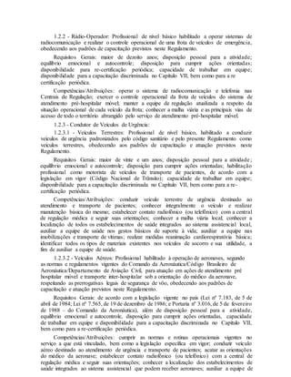 1.2.2 - Rádio-Operador: Profissional de nível básico habilitado a operar sistemas de
radiocomunicação e realizar o controle operacional de uma frota de veículos de emergência,
obedecendo aos padrões de capacitação previstos neste Regulamento.
Requisitos Gerais: maior de dezoito anos; disposição pessoal para a atividade;
equilíbrio emocional e autocontrole; disposição para cumprir ações orientadas;
disponibilidade para re-certificação periódica; capacidade de trabalhar em equipe;
disponibilidade para a capacitação discriminada no Capítulo VII, bem como para a re
certificação periódica.
Competências/Atribuições: operar o sistema de radiocomunicação e telefonia nas
Centrais de Regulação; exercer o controle operacional da frota de veículos do sistema de
atendimento pré-hospitalar móvel; manter a equipe de regulação atualizada a respeito da
situação operacional de cada veículo da frota; conhecer a malha viária e as principais vias de
acesso de todo o território abrangido pelo serviço de atendimento pré-hospitalar móvel.
1.2.3 - Condutor de Veículos de Urgência:
1.2.3.1 - Veículos Terrestres: Profissional de nível básico, habilitado a conduzir
veículos de urgência padronizados pelo código sanitário e pelo presente Regulamento como
veículos terrestres, obedecendo aos padrões de capacitação e atuação previstos neste
Regulamento.
Requisitos Gerais: maior de vinte e um anos; disposição pessoal para a atividade;
equilíbrio emocional e autocontrole; disposição para cumprir ações orientadas; habilitação
profissional como motorista de veículos de transporte de pacientes, de acordo com a
legislação em vigor (Código Nacional de Trânsito); capacidade de trabalhar em equipe;
disponibilidade para a capacitação discriminada no Capítulo VII, bem como para a re-
certificação periódica.
Competências/Atribuições: conduzir veículo terrestre de urgência destinado ao
atendimento e transporte de pacientes; conhecer integralmente o veículo e realizar
manutenção básica do mesmo; estabelecer contato radiofônico (ou telefônico) com a central
de regulação médica e seguir suas orientações; conhecer a malha viária local; conhecer a
localização de todos os estabelecimentos de saúde integrados ao sistema assistencial local,
auxiliar a equipe de saúde nos gestos básicos de suporte à vida; auxiliar a equipe nas
imobilizações e transporte de vítimas; realizar medidas reanimação cardiorespiratória básica;
identificar todos os tipos de materiais existentes nos veículos de socorro e sua utilidade, a
fim de auxiliar a equipe de saúde.
1.2.3.2 - Veículos Aéreos: Profissional habilitado à operação de aeronaves, segundo
as normas e regulamentos vigentes do Comando da Aeronáutica/Código Brasileiro de
Aeronáutica/Departamento de Aviação Civil, para atuação em ações de atendimento pré
hospitalar móvel e transporte inter-hospitalar sob a orientação do médico da aeronave,
respeitando as prerrogativas legais de segurança de vôo, obedecendo aos padrões de
capacitação e atuação previstos neste Regulamento.
Requisitos Gerais: de acordo com a legislação vigente no país (Lei nº 7.183, de 5 de
abril de 1984; Lei nº 7.565, de 19 de dezembro de 1986; e Portaria nº 3.016, de 5 de fevereiro
de 1988 – do Comando da Aeronáutica), além de disposição pessoal para a atividade,
equilíbrio emocional e autocontrole, disposição para cumprir ações orientadas, capacidade
de trabalhar em equipe e disponibilidade para a capacitação discriminada no Capítulo VII,
bem como para a re-certificação periódica.
Competências/Atribuições: cumprir as normas e rotinas operacionais vigentes no
serviço a que está vinculado, bem como a legislação específica em vigor; conduzir veículo
aéreo destinado ao atendimento de urgência e transporte de pacientes; acatar as orientações
do médico da aeronave; estabelecer contato radiofônico (ou telefônico) com a central de
regulação médica e seguir suas orientações; conhecer a localização dos estabelecimentos de
saúde integrados ao sistema assistencial que podem receber aeronaves; auxiliar a equipe de
 
