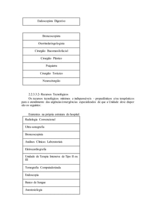 Endoscopista Digestivo
Broncoscopista
Otorrinolaringologista
Cirurgião Bucomaxilofacial
Cirurgião Plástico
Psiquiatra
Cirurgião Torácico
Neurocirurgião
2.2.3.3.2- Recursos Tecnológicos
Os recursos tecnológicos mínimos e indispensáveis - propedêuticos e/ou terapêuticos
para o atendimento das urgências/emergências especializados de que a Unidade deve dispor
são os seguintes:
Existentes na própria estrutura do hospital:
Radiologia Convencional
Ultra-sonografia
Broncoscopista
Análises Clínicas Laboratoriais
Eletrocardiografia
Unidade de Terapia Intensiva de Tipo II ou
III
Tomografia Computadorizada
Endoscopia
Banco de Sangue
Anestesiologia
 