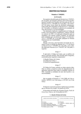 4958 Diário da República, 1.ª série—N.º 142—23 de julho de 2015
MINISTÉRIO DAS FINANÇAS
Portaria n.º 218/2015
de 23 de julho
Na sequência da publicação do Decreto-Lei n.º 98/2015,
de 2 de junho, que transpôs a Diretiva 2013/34/UE do Par-
lamento Europeu e do Conselho, de 26 de junho de 2013, os
Decretos-Leis n.os
158/2009, de 13 de julho, e 36-A/2011,
de 9 de março, foram objeto de alterações substanciais,
tendo ainda sido integrados no Decreto-Lei n.º 158/2009,
de 13 de julho, os normativos aplicáveis às entidades do
setor não lucrativo e às microentidades.
Tais alterações implicam a republicação do Código de
Contas. Este instrumento contabilístico, embora inserido
no contexto do SNC e de aplicação obrigatória para as
entidades a ele sujeitas, poderá, também, ser utilizado
pelas entidades que, nos termos do artigo 4.º do Decreto-
-Lei n.º 158/2009, de 13 de julho, apliquem as Normas
Internacionais de Contabilidade.
Assim:
Manda o Governo, pelo Secretário de Estado dos As-
suntos Fiscais, ao abrigo do disposto no n.º 4.1 do Anexo
ao Decreto-Lei n.º 158/2009, de 13 de julho, com a reda-
ção dada pelo Decreto-Lei n.º 98/2015, de 2 de junho, o
seguinte:
Artigo 1.º
É aprovado o Código de Contas, que se publica em
anexo à presente portaria, dela fazendo parte integrante,
constituído pelas seguintes componentes:
1) Quadro Síntese de Contas;
2) Código de Contas; e
3) Notas de Enquadramento.
Artigo 2.º
O Código de Contas referido no artigo anterior iden-
tifica as contas e respetivas notas de enquadramento de
aplicação específica para todas as entidades sujeitas ao
SNC, incluindo as entidades do setor não lucrativo e as
microentidades.
Artigo 3.º
São revogadas as Portarias n.os
1011/2009, de 9 de se-
tembro, 106/2011, de 14 de março, e 107/2011, de 14 de
março.
Artigo 4.º
O disposto na presente portaria é aplicável aos períodos
que se iniciem em ou após 1 de janeiro de 2016.
O Secretário de Estado dos Assuntos Fiscais, Paulo de
Faria Lince Núncio, em 16 de julho de 2015.
1—Quadro Síntese de Contas
1 MEIOS FINANCEIROS LÍQUIDOS 2 CONTAS A RECEBER E A PAGAR
11 Caixa 21 Clientes
12 Depósitos à ordem
13 Outros depósitos bancários
21 Clientes e utentes (para as
ESNL)
14 Outros instrumentos financeiros 22 Fornecedores
14 Outros (para as ME) 23 Pessoal
 