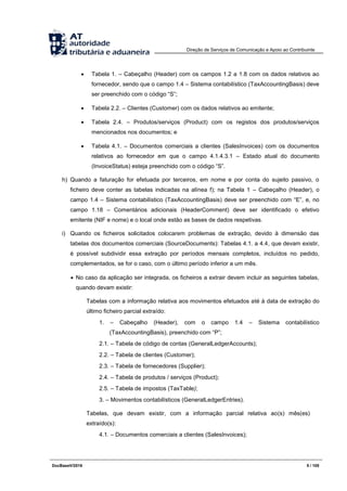 Direção de Serviços de Comunicação e Apoio ao Contribuinte
DocBaseV/2016 5 / 105
 Tabela 1. – Cabeçalho (Header) com os campos 1.2 a 1.8 com os dados relativos ao
fornecedor, sendo que o campo 1.4 – Sistema contabilístico (TaxAccountingBasis) deve
ser preenchido com o código “S”;
 Tabela 2.2. – Clientes (Customer) com os dados relativos ao emitente;
 Tabela 2.4. – Produtos/serviços (Product) com os registos dos produtos/serviços
mencionados nos documentos; e
 Tabela 4.1. – Documentos comerciais a clientes (SalesInvoices) com os documentos
relativos ao fornecedor em que o campo 4.1.4.3.1 – Estado atual do documento
(InvoiceStatus) esteja preenchido com o código “S”.
h) Quando a faturação for efetuada por terceiros, em nome e por conta do sujeito passivo, o
ficheiro deve conter as tabelas indicadas na alínea f); na Tabela 1 – Cabeçalho (Header), o
campo 1.4 – Sistema contabilístico (TaxAccountingBasis) deve ser preenchido com “E”, e, no
campo 1.18 – Comentários adicionais (HeaderComment) deve ser identificado o efetivo
emitente (NIF e nome) e o local onde estão as bases de dados respetivas.
i) Quando os ficheiros solicitados colocarem problemas de extração, devido à dimensão das
tabelas dos documentos comerciais (SourceDocuments): Tabelas 4.1. a 4.4, que devam existir,
é possível subdividir essa extração por períodos mensais completos, incluídos no pedido,
complementados, se for o caso, com o último período inferior a um mês.
 No caso da aplicação ser integrada, os ficheiros a extrair devem incluir as seguintes tabelas,
quando devam existir:
Tabelas com a informação relativa aos movimentos efetuados até à data de extração do
último ficheiro parcial extraído:
1. – Cabeçalho (Header), com o campo 1.4 – Sistema contabilístico
(TaxAccountingBasis), preenchido com “P”;
2.1. – Tabela de código de contas (GeneralLedgerAccounts);
2.2. – Tabela de clientes (Customer);
2.3. – Tabela de fornecedores (Supplier);
2.4. – Tabela de produtos / serviços (Product);
2.5. – Tabela de impostos (TaxTable);
3. – Movimentos contabilísticos (GeneralLedgerEntries).
Tabelas, que devam existir, com a informação parcial relativa ao(s) mês(es)
extraído(s):
4.1. – Documentos comerciais a clientes (SalesInvoices);
 