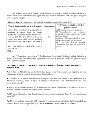 Fl 3 da Portaria n°388/Presi, de 06/08/2013
Art. 4º Determinar que a Tabela 1 dos Requisitos de Avaliação da Conformidade da Potência
Sonora de Produtos Eletrodomésticos, aprovados pela Portaria Inmetro nº 430/2012, passe a vigorar
com a seguinte redação:
“Tabela 1: Tipos de ensaios para cada aparelho de cada anexo específico deste RAC.
Tipo de Ensaio, conforme item de norma Amostragem
Critérios de obtenção do nível de
potência sonora
Método direto ou Método da comparação, em
condições de campo difuso em câmara
reverberante, conforme normas técnicas ISO
3741 ou ISO 3743-1 e ISO 3743-2, ou em
campo livre sobre plano refletor, conforme
norma técnica ISO 3744, ou ABNT NBR 13910-
1,
ABNT NBR 13910-2-2, ABNT NBR 13910-2-3
e IEC 60704-2
03
a) Média aritmética dos 3 resultados;
b) Arredondamento – até 4 décimos
arredonda-se para o número inteiro mais
próximo abaixo.
Acima de 4 décimos arredonda-se para o
número inteiro mais próximo acima.
c) A esse valor deve ser acrescido
3dB(A) que deve ser o do resultado de
ensaio.
”(N.R.)
Art.5º Determinar que o Anexo A dos Requisitos de Avaliação da Conformidade da Potência
Sonora de Produtos Eletrodomésticos, aprovados pela Portaria Inmetro nº 430/2012, passe a vigorar
com a seguinte redação:
“ANEXO A – MODELO PARA O SELO DE IDENTIFICAÇÃO DA CONFORMIDADE –
SELO RUÍDO
A.1 O Selo de Identificação da Conformidade deve ser de forma adesiva ou impressa em sua
embalagem, de forma clara, de acordo com o formato abaixo.
A.2 A figura A.1 é apenas demonstrativa. O arquivo eletrônico que contém o Selo Ruído nas suas
dimensões mínimas, cores e tipos de fontes características será disponibilizado no sítio
www.inmetro.gov.br.
A.3 Deve ser incluído o número de licenciamento do Ibama e informado o Fornecedor, a Marca,
Modelo/Tensão do aparelho e a Norma Técnica utilizada.
A.4 Deve ser informado o nível de potência sonora, no campo no qual, na figura A.1, se encontram as
letras XX”.
A.5 Deve ser incluído o nome do OCP responsável pela emissão do Certificado de Conformidade de
Potência Sonora, com o seguinte texto: VERIFICADO POR: “Nome do OCP e nº do OCP”.
 