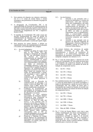 21 de Outubro de 2010                                          I                                                              7
                                                          Número 99


  5 - Sem prejuízo do disposto nos números anteriores,                     8.2 -   Ao nível técnico:
      nos 2.º e 3.º ciclos do ensino básico e ensino                               a)      Articular a sua actuação com o
      secundário, têm preferência os docentes do grupo de                                  técnico de informática e o técnico de
      informática.                                                                         audiovisuais, zelar pelo funciona-
                                                                                           mento dos computadores, das redes
  6 - A designação do Coordenador TIC é da                                                 e dos meios audiovisuais no
      responsabilidade da Direcção do estabelecimento de                                   estabelecimento de educação e ou
      educação e ou de ensino que, no prazo máximo de 10                                   ensino, em especial das salas TIC;
      dias, deve remeter através de ofício o nome, cópia do                        b)      Ser o interlocutor junto dos serviços
      certificado de competências em TIC e respectivo                                      da SREC em todas as questões
      horário à DRE.                                                                       relacionadas com os equipamentos,
                                                                                           redes e conectividade, estando
  7 - O mandato do Coordenador TIC pode cessar por                                         disponível para receber a formação
      decisão fundamentada do órgão de gestão do                                           necessária proposta por aqueles
      estabelecimento de educação e ou de ensino ou a                                      serviços;
      requerimento do interessado, por motivos
      devidamente justificados e aceites por aquele órgão.                         c)      Articular a sua actuação com os
                                                                                           técnicos da Direcção Regional de
  8 - Sem prejuízo de outras funções, a definir no                                         Planeamento e Recursos Educativos
      regulamento interno do estabelecimento de educação                                   (DRPRE) quando se tratar do 1.º
      e ou ensino, ao Coordenador TIC compete:                                             Ciclo do Ensino Básico.

       8.1 -   Ao nível pedagógico:                                   9 - Os actuais titulares das estruturas de gestão
               a)      Elaborar um plano de acção anual                   intermédia existentes na área das TIC,
                       para as TIC (Plano TIC) que                        nomeadamente, o director de instalações de
                       promova a integração da utilização                 informática e ou audiovisuais, transitam sem
                       das TIC nas actividades lectivas e                 dependência de quaisquer formalidades, desde que
                       não     lectivas    do    respectivo               cumprido o disposto nos números 2 e 6.
                       estabelecimento de educação e ou
                       ensino, rentabilizando os meios                10 - No 1.º ciclo do ensino básico, o director da escola
                       informáticos e audiovisuais disponí-                atribui ao Coordenador TIC um crédito de horas para
                       veis e generalizando a sua utilização               o desempenho das respectivas funções, de acordo
                       por todos os elementos da                           com o número de alunos e do número de horas de
                       comunidade educativa, o qual deve                   redução de componente lectiva:
                       ser concebido no quadro do Projecto
                       Educativo do estabelecimento de                     10.1.   Até 50 - 1 Hora
                       educação e ou ensino e do respectivo
                       Plano Anual em conjunto com os                      10.2.   Até 150 - 2 Horas
                       órgãos de administração e gestão,
                       em articulação e com o apoio da
                       comissão      de     formação      do               10.3.   Até 250 - 3 Horas
                       estabelecimento de educação e ou
                       ensino e de outros parceiros a                      10.4.   Até 750 - 4 Horas
                       envolver;
               b)      Articular com a Direcção do                    11 - Nos estabelecimentos de ensino integrados, no 2.º e
                       estabelecimento de educação e ou                    3.º ciclos do ensino básico e no ensino secundário, o
                       ensino o envio do Plano TIC e do                    órgão de administração e gestão da escola atribui ao
                       relatório final à DRE, dentro dos                   Coordenador TIC um crédito de horas para o
                       prazos estabelecidos anualmente;                    desempenho das respectivas funções, de acordo com
               c)      Colaborar no levantamento de                        o número de alunos e do número de horas de redução
                       necessidades de formação em TIC                     de componente lectiva:
                       dos professores do estabelecimento
                       de educação e ou ensino;                            11.1.   Até 250 - 3 Horas
               d)      Identificar as suas próprias
                       necessidades de formação, disponi-                  11.2.   Até 750 - 4 Horas
                       bilizando-se para frequentar as
                       acções de formação propostas;                       11.3.   Até 1000 - 5 Horas
               e)      Elaborar, no final de cada ano
                       lectivo, e em conjunto com os                       11.4.   Até 1500 - 6 Horas
                       parceiros envolvidos, o balanço e a
                       avaliação dos resultados obtidos, a                 11.5.   Até 2000 - 7 Horas
                       apresentar aos órgãos de adminis-
                       tração e gestão do estabelecimento
                       de educação e ou ensino e à DRE;                    11.6.   Mais de 2000 - 8 Horas
               f)      Emitir parecer sobre matérias
                       relacionadas com as TIC no                     12 - No 1.º Ciclo do Ensino Básico, com vista a uma
                       conselho pedagógico ou no conselho                  melhor rentabilização das horas correspondentes à
                       escolar, dos quais será membro;                     coordenação TIC, para além das funções e
               g)      Promover o Diploma de Compe-                        competências referidas no número 8 do presente
                       tências Básicas em Tecnologias da                   Despacho, o Coordenador TIC deve proceder à
                       Informação nos estabelecimento de                   manutenção do sítio web/blogues do estabeleci-
                       educação e ou ensino, para toda a                   mento de ensino, tarefa a realizar durante o horário
                       comunidade escolar.                                 atribuído para o exercício do cargo.
 