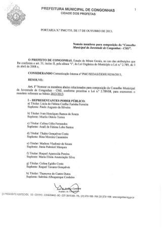 Portaria 735-2013 - Nomeia membros para composicao do Conselho Municipal da Juventude de Congonhas - CMJ