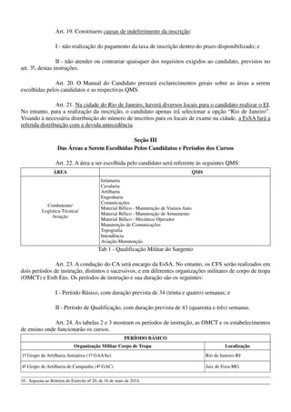 Art. 19. Constituem causas de indeferimento da inscrição:
I - não realização do pagamento da taxa de inscrição dentro do prazo disponibilizado; e
II - não atender ou contrariar quaisquer dos requisitos exigidos ao candidato, previstos no
art. 3º, destas instruções.
Art. 20. O Manual do Candidato prestará esclarecimentos gerais sobre as áreas a serem
escolhidas pelos candidatos e as respectivas QMS.
Art. 21. Na cidade do Rio de Janeiro, haverá diversos locais para o candidato realizar o EI.
No entanto, para a realização da inscrição, o candidato apenas irá selecionar a opção “Rio de Janeiro”.
Visando à necessária distribuição do número de inscritos para os locais de exame na cidade, a EsSA fará a
referida distribuição com a devida antecedência.
Seção III
Das Áreas a Serem Escolhidas Pelos Candidatos e Períodos dos Cursos
Art. 22. A área a ser escolhida pelo candidato será referente às seguintes QMS:
ÁREA QMS
Combatente/
Logística-Técnica/
Aviação
Infantaria
Cavalaria
Artilharia
Engenharia
Comunicações
Material Bélico - Manutenção de Viatura Auto
Material Bélico - Manutenção de Armamento
Material Bélico - Mecânico Operador
Manutenção de Comunicações
Topografia
Intendência
Aviação-Manutenção.
Tab 1 - Qualificação Militar do Sargento
Art. 23. A condução do CA será encargo da EsSA. No entanto, os CFS serão realizados em
dois períodos de instrução, distintos e sucessivos, e em diferentes organizações militares de corpo de tropa
(OMCT) e Estb Ens. Os períodos de instrução e sua duração são os seguintes:
I - Período Básico, com duração prevista de 34 (trinta e quatro) semanas; e
II - Período de Qualificação, com duração prevista de 43 (quarenta e três) semanas.
Art. 24. As tabelas 2 e 3 mostram os períodos de instrução, as OMCT e os estabelecimentos
de ensino onde funcionarão os cursos.
PERÍODO BÁSICO
Organização Militar Corpo de Tropa Localização
1º Grupo de Artilharia Antiaérea (1º GAAAe) Rio de Janeiro-RJ
4º Grupo de Artilharia de Campanha (4º GAC) Juiz de Fora-MG
10 - Separata ao Boletim do Exército nº 20, de 16 de maio de 2014.
 
