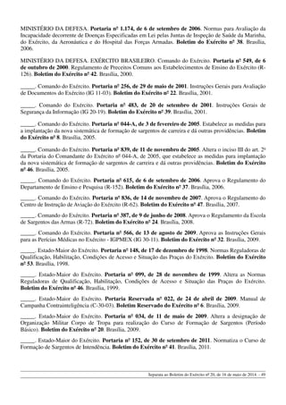 MINISTÉRIO DA DEFESA. Portaria nº 1.174, de 6 de setembro de 2006. Normas para Avaliação da
Incapacidade decorrente de Doenças Especificadas em Lei pelas Juntas de Inspeção de Saúde da Marinha,
do Exército, da Aeronáutica e do Hospital das Forças Armadas. Boletim do Exército nº 38. Brasília,
2006.
MINISTÉRIO DA DEFESA. EXÉRCITO BRASILEIRO. Comando do Exército. Portaria nº 549, de 6
de outubro de 2000. Regulamento de Preceitos Comuns aos Estabelecimentos de Ensino do Exército (R-
126). Boletim do Exército nº 42. Brasília, 2000.
_____. Comando do Exército. Portaria nº 256, de 29 de maio de 2001. Instruções Gerais para Avaliação
de Documentos do Exército (IG 11-03). Boletim do Exército nº 22. Brasília, 2001.
_____. Comando do Exército. Portaria nº 483, de 20 de setembro de 2001. Instruções Gerais de
Segurança da Informação (IG 20-19). Boletim do Exército nº 39. Brasília, 2001.
_____. Comando do Exército. Portaria nº 044-A, de 3 de fevereiro de 2005. Estabelece as medidas para
a implantação da nova sistemática de formação de sargentos de carreira e dá outras providências. Boletim
do Exército nº 8. Brasília, 2005.
_____. Comando do Exército. Portaria nº 839, de 11 de novembro de 2005. Altera o inciso III do art. 2o
da Portaria do Comandante do Exército nº 044-A, de 2005, que estabelece as medidas para implantação
da nova sistemática de formação de sargentos de carreira e dá outras providências. Boletim do Exército
nº 46. Brasília, 2005.
_____. Comando do Exército. Portaria nº 615, de 6 de setembro de 2006. Aprova o Regulamento do
Departamento de Ensino e Pesquisa (R-152). Boletim do Exército nº 37. Brasília, 2006.
_____. Comando do Exército. Portaria nº 836, de 14 de novembro de 2007. Aprova o Regulamento do
Centro de Instrução de Aviação do Exército (R-62). Boletim do Exército nº 47. Brasília, 2007.
_____. Comando do Exército. Portaria nº 387, de 9 de junho de 2008. Aprova o Regulamento da Escola
de Sargentos das Armas (R-72). Boletim do Exército nº 24. Brasília, 2008.
_____. Comando do Exército. Portaria nº 566, de 13 de agosto de 2009. Aprova as Instruções Gerais
para as Perícias Médicas no Exército - IGPMEX (IG 30-11). Boletim do Exército nº 32. Brasília, 2009.
_____. Estado-Maior do Exército. Portaria nº 148, de 17 de dezembro de 1998. Normas Reguladoras de
Qualificação, Habilitação, Condições de Acesso e Situação das Praças do Exército. Boletim do Exército
nº 53. Brasília, 1998.
_____. Estado-Maior do Exército. Portaria nº 099, de 28 de novembro de 1999. Altera as Normas
Reguladoras de Qualificação, Habilitação, Condições de Acesso e Situação das Praças do Exército.
Boletim do Exército nº 46. Brasília, 1999.
_____. Estado-Maior do Exército. Portaria Reservada nº 022, de 24 de abril de 2009. Manual de
Campanha Contrainteligência (C-30-03). Boletim Reservado do Exército nº 6. Brasília, 2009.
_____. Estado-Maior do Exército. Portaria nº 034, de 11 de maio de 2009. Altera a designação de
Organização Militar Corpo de Tropa para realização do Curso de Formação de Sargentos (Período
Básico). Boletim do Exército nº 20. Brasília, 2009.
_____. Estado-Maior do Exército. Portaria nº 152, de 30 de setembro de 2011. Normatiza o Curso de
Formação de Sargentos de Intendência. Boletim do Exército nº 41. Brasília, 2011.
Separata ao Boletim do Exército nº 20, de 16 de maio de 2014. - 49
 