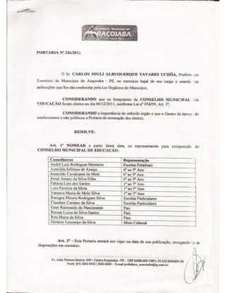 Portaria nº 326/2012 nomeação dos conselheiros do CME Araçoiaba PE-BRA