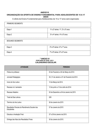 ANEXO III 
ORGANIZAÇÃO DA OFERTA DE ENSINO FUNDAMENTAL PARA ADOLESCENTES DE 15 A 17 ANOS 
A oferta de Ensino Fundamental para Adolescentes de 15 a 17 anos será organizada: 
PRIMEIRO SEGMENTO 
**ANEXO IV 
PORTARIA Nº 8358 / 2013 
CALENDÁRIO ESCOLAR 
ATIVIDADE PERIODO 
Férias do professor 
03 de Fevereiro a 04 de Março de 2014 
Jornada Pedagógica 
30, 31 de Janeiro e 01 de Fevereiro de 2014 
Inicio do Ano Letivo 
10 de Março de 2014 
Recesso no I semestre 
12 de junho a 13 de Julho de 2014 
Recesso Natalino 
20 de Dezembro a 04 de Janeiro de 2015 
Total de Dias Letivos 
200 
Término do Ano Letivo 
26 de Janeiro de 2015 
Resultados Parciais do Rendimento Escolar dos Estudantes 
27 de Janeiro de 2015 
Estudos e Avaliação Final 
27 a 29 de Janeiro de 2015 
Entrega das Atas dos Resultados Finais 
30 de Janeiro de 2015 
Etapa 1 
1ª e 2ª séries / 1º, 2º e 3º anos 
Etapa 2 
3ª e 4ª séries / 4º e 5º anos 
SEGUNDO SEGMENTO 
Etapa 3 
5ª e 6ª séries / 6º e 7º anos 
Etapa 4 
7ª e 8ª séries / 8º e 9º anos 
 