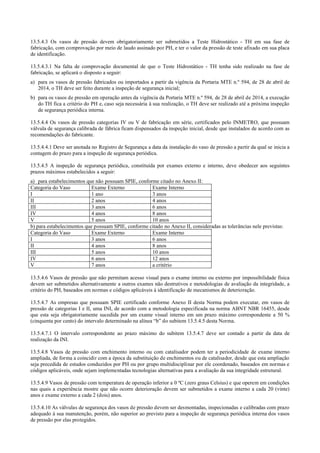 13.5.4.3 Os vasos de pressão devem obrigatoriamente ser submetidos a Teste Hidrostático ­ TH em sua fase de
fabricação, com comprovação por meio de laudo assinado por PH, e ter o valor da pressão de teste afixado em sua placa
de identificação.
13.5.4.3.1 Na falta de comprovação documental de que o Teste Hidrostático ­ TH tenha sido realizado na fase de
fabricação, se aplicará o disposto a seguir:
a) para os vasos de pressão fabricados ou importados a partir da vigência da Portaria MTE n.º 594, de 28 de abril de
2014, o TH deve ser feito durante a inspeção de segurança inicial;
b) para os vasos de pressão em operação antes da vigência da Portaria MTE n.º 594, de 28 de abril de 2014, a execução
do TH fica a critério do PH e, caso seja necessária à sua realização, o TH deve ser realizado até a próxima inspeção
de segurança periódica interna.
13.5.4.4 Os vasos de pressão categorias IV ou V de fabricação em série, certificados pelo INMETRO, que possuam
válvula de segurança calibrada de fábrica ficam dispensados da inspeção inicial, desde que instalados de acordo com as
recomendações do fabricante.
13.5.4.4.1 Deve ser anotada no Registro de Segurança a data da instalação do vaso de pressão a partir da qual se inicia a
contagem do prazo para a inspeção de segurança periódica.
13.5.4.5 A inspeção de segurança periódica, constituída por exames externo e interno, deve obedecer aos seguintes
prazos máximos estabelecidos a seguir:
a) para estabelecimentos que não possuam SPIE, conforme citado no Anexo II:
Categoria do Vaso Exame Externo Exame Interno
I 1 ano 3 anos
II 2 anos 4 anos
III 3 anos 6 anos
IV 4 anos 8 anos
V 5 anos 10 anos
b) para estabelecimentos que possuam SPIE, conforme citado no Anexo II, consideradas as tolerâncias nele previstas:
Categoria do Vaso Exame Externo Exame Interno
I 3 anos 6 anos
II 4 anos 8 anos
III 5 anos 10 anos
IV 6 anos 12 anos
V 7 anos a critério
13.5.4.6 Vasos de pressão que não permitam acesso visual para o exame interno ou externo por impossibilidade física
devem ser submetidos alternativamente a outros exames não destrutivos e metodologias de avaliação da integridade, a
critério do PH, baseados em normas e códigos aplicáveis à identificação de mecanismos de deterioração.
13.5.4.7 As empresas que possuam SPIE certificado conforme Anexo II desta Norma podem executar, em vasos de
pressão de categorias I e II, uma INI, de acordo com a metodologia especificada na norma ABNT NBR 16455, desde
que esta seja obrigatoriamente sucedida por um exame visual interno em um prazo máximo correspondente a 50 %
(cinquenta por cento) do intervalo determinado na alínea “b” do subitem 13.5.4.5 desta Norma.
13.5.4.7.1 O intervalo correspondente ao prazo máximo do subitem 13.5.4.7 deve ser contado a partir da data de
realização da INI.
13.5.4.8 Vasos de pressão com enchimento interno ou com catalisador podem ter a periodicidade de exame interno
ampliada, de forma a coincidir com a época da substituição de enchimentos ou de catalisador, desde que esta ampliação
seja precedida de estudos conduzidos por PH ou por grupo multidisciplinar por ele coordenado, baseados em normas e
códigos aplicáveis, onde sejam implementadas tecnologias alternativas para a avaliação da sua integridade estrutural.
13.5.4.9 Vasos de pressão com temperatura de operação inferior a 0 ºC (zero graus Celsius) e que operem em condições
nas quais a experiência mostre que não ocorre deterioração devem ser submetidos a exame interno a cada 20 (vinte)
anos e exame externo a cada 2 (dois) anos.
13.5.4.10 As válvulas de segurança dos vasos de pressão devem ser desmontadas, inspecionadas e calibradas com prazo
adequado à sua manutenção, porém, não superior ao previsto para a inspeção de segurança periódica interna dos vasos
de pressão por elas protegidos.
 