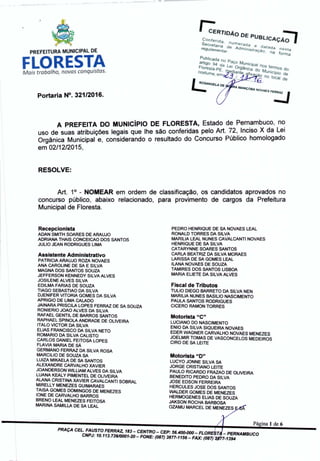 Convocação de aprovados em Concurso público da prefeitura municipal de Floresta-pE