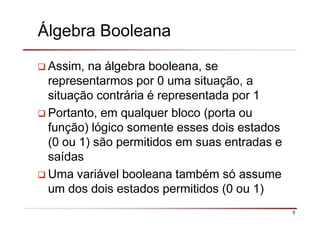 5
Álgebra Booleana
Assim, na álgebra booleana, se
representarmos por 0 uma situação, a
situação contrária é representada p...