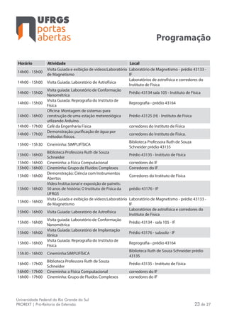 portas
abertas
Universidade Federal do Rio Grande do Sul
PROREXT | Pró-Reitoria de Extensão 23 de 27
Programação
Horário Atividade Local
14h00 - 15h00
Visita Guiada e exibição de vídeos:Laboratório
de Magnetismo
Laboratório de Magnetismo - prédio 43133 -
IF
14h00 - 15h00 Visita Guiada: Laboratório de Astrofísica
Laboratórios de astrofísica e corredores do
Instituto de Física
14h00 - 15h00
Visita guiada: Laboratório de Conformação
Nanométrica
Prédio 43134 sala 105 - Instituto de Física
14h00 - 15h00
Visita Guiada: Reprografia do Instituto de
Física
Reprografia - prédio 43164
14h00 - 16h00
Oficina: Montagem de sistemas para
construção de uma estação metereológica
utlizando Arduíno.
Prédio 43125 (H) - Instituto de Física
14h00 - 17h00 Café da Engenharia Física corredores do Instituto de Física
14h00 - 17h00
Demonstração: purificação de água por
métodos físicos.
corredores do Instituto de Física.
15h00 - 15h30 Cineminha: SIMPLIFÍSICA
Biblioteca Professora Ruth de Souza
Schneider prédio 43135
15h00 - 16h00
Biblioteca Professora Ruth de Souza
Schneider
Prédio 43135 - Instituto de Física
15h00 - 16h00 Cineminha: a Física Computacional corredores do IF
15h00 - 16h00 Cineminha: Grupo de Fluídos Complexos Corredores do IF
15h00 - 16h00
Demonstração: Ciência com Instrumentos
Abertos
Corredores do Instituto de Física
15h00 - 16h00
Video Institucional e exposição de painéis:
50 anos de história: O Instituto de Física da
UFRGS
prédio 43176 - IF
15h00 - 16h00
Visita Guiada e exibição de vídeos:Laboratório
de Magnetismo
Laboratório de Magnetismo - prédio 43133 -
IF
15h00 - 16h00 Visita Guiada: Laboratório de Astrofísica
Laboratórios de astrofísica e corredores do
Instituto de Física
15h00 - 16h00
Visita guiada: Laboratório de Conformação
Nanométrica
Prédio 43134 - sala 105 - IF
15h00 - 16h00
Visita Guiada: Laboratório de Implantação
Iônica
Prédio 43176 - subsolo - IF
15h00 - 16h00
Visita Guiada: Reprografia do Instituto de
Física
Reprografia - prédio 43164
15h30 - 16h00 Cineminha:SIMPLIFÍSICA
Biblioteca Ruth de Souza Schneider prédio
43135
16h00 - 17h00
Biblioteca Professora Ruth de Souza
Schneider
Prédio 43135 - Instituto de Física
16h00 - 17h00 Cineminha: a Física Computacional corredores do IF
16h00 - 17h00 Cineminha: Grupo de Fluídos Complexos corredores do IF
 