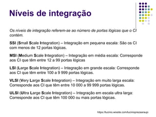 Níveis de integração
Os níveis de integração referem-se ao número de portas lógicas que o CI
contém.
SSI (Small Scale Integration) – Integração em pequena escala: São os CI
com menos de 12 portas lógicas.
MSI (Medium Scale Integration) – Integração em média escala: Corresponde
aos CI que têm entre 12 a 99 portas lógicas
LSI (Large Scale Integration) – Integração em grande escala: Corresponde
aos CI que têm entre 100 a 9 999 portas lógicas.
VLSI (Very Large Scale Integration) – Integração em muito larga escala:
Corresponde aos CI que têm entre 10 000 a 99 999 portas lógicas.
ULSI (Ultra Large Scale Integration) – Integração em escala ultra larga:
Corresponde aos CI que têm 100 000 ou mais portas lógicas.
https://lucinio.wixsite.com/lucinioprezaaraujo
 