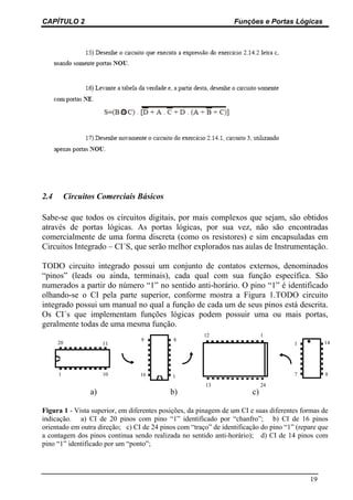 CAPÍTULO 2                                                       Funções e Portas Lógicas




2.4        Circuitos Comerciais Básicos

Sabe-se que todos os circuitos digitais, por mais complexos que sejam, são obtidos
através de portas lógicas. As portas lógicas, por sua vez, não são encontradas
comercialmente de uma forma discreta (como os resistores) e sim encapsuladas em
Circuitos Integrado – CI´S, que serão melhor explorados nas aulas de Instrumentação.

TODO circuito integrado possui um conjunto de contatos externos, denominados
“pinos” (leads ou ainda, terminais), cada qual com sua função específica. São
numerados a partir do número “1” no sentido anti-horário. O pino “1” é identificado
olhando-se o CI pela parte superior, conforme mostra a Figura 1.TODO circuito
integrado possui um manual no qual a função de cada um de seus pinos está descrita.
Os CI´s que implementam funções lógicas podem possuir uma ou mais portas,
geralmente todas de uma mesma função.
                                                       12                    1
                                 9           8
      20               11                                                             1         14




      1                10        16         1                                         7          8

                                                        13                   24
                  a)                       b)                           c)

Figura 1 - Vista superior, em diferentes posições, da pinagem de um CI e suas diferentes formas de
indicação. a) CI de 20 pinos com pino “1” identificado por “chanfro”; b) CI de 16 pinos
orientado em outra direção; c) CI de 24 pinos com “traço” de identificação do pino “1” (repare que
a contagem dos pinos continua sendo realizada no sentido anti-horário); d) CI de 14 pinos com
pino “1” identificado por um “ponto”;



                                                                                           19
 