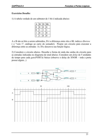 CAPÍTULO 2                                               Funções e Portas Lógicas


Exercícios Desafio:

1) A tabela verdade de um subtrator de 1 bit é indicada abaixo:

                          A   B    D   BL
                          0   0    0   0
                          0   1    1   1
                          1   0    1   0
                          1   1    0   0

A e B são os bits a serem subtraídos, D é a diferença entre eles e BL indica o Borrow
( o “vem 1”, análogo ao carry do somador). Projete um circuito para executar a
diferença entre as entradas A e B e descreva sua função lógica.

2) Considere o circuito abaixo. Desenhe a forma de onda das saídas do circuito para
as entradas indicadas no diagrama de sinal abaixo. Considere um delay de 5 unidades
de tempo para cada gate(PORTA) básico (observe o delay do XNOR – toda a porta
possui algum...)




                              50                            100



A



B




                                                                               23
 