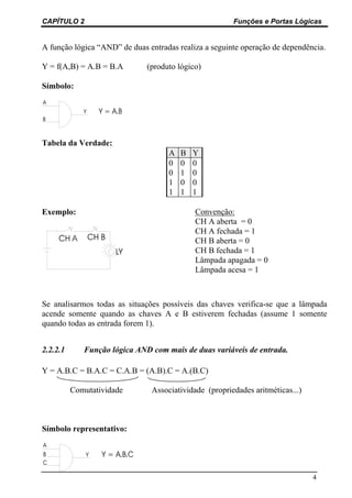 CAPÍTULO 2                                             Funções e Portas Lógicas


A função lógica “AND” de duas entradas realiza a seguinte operação de dependência.

Y = f(A,B) = A.B = B.A        (produto lógico)

Símbolo:




Tabela da Verdade:
                                    A   B   Y
                                    0   0   0
                                    0   1   0
                                    1   0   0
                                    1   1   1

Exemplo:                                    Convenção:
                                            CH A aberta = 0
                                            CH A fechada = 1
                                            CH B aberta = 0
                                            CH B fechada = 1
                                            Lâmpada apagada = 0
                                            Lâmpada acesa = 1



Se analisarmos todas as situações possíveis das chaves verifica-se que a lâmpada
acende somente quando as chaves A e B estiverem fechadas (assume 1 somente
quando todas as entrada forem 1).


2.2.2.1      Função lógica AND com mais de duas variáveis de entrada.

Y = A.B.C = B.A.C = C.A.B = (A.B).C = A.(B.C)

          Comutatividade       Associatividade (propriedades aritméticas...)



Símbolo representativo:




                                                                               4
 