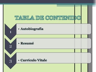 • Autobiografía



• Resumé




• Currículo Vitale
 
