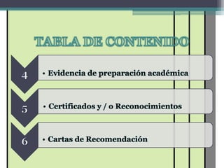 • Evidencia de preparación académica



• Certificados y / o Reconocimientos



• Cartas de Recomendación
 
