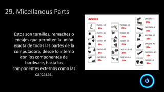29. Micellaneus Parts
Estos son tornillos, remaches o
encajes que permiten la unión
exacta de todas las partes de la
computadora, desde lo interno
con los componentes de
hardware, hasta los
componentes externos como las
carcasas.
 