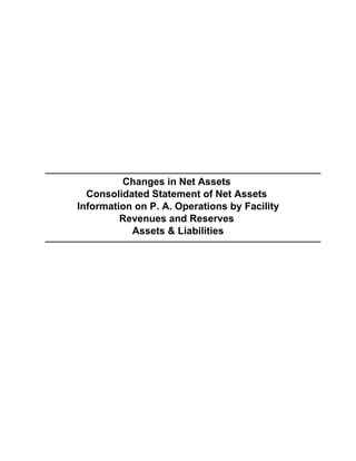 Changes in Net Assets
  Consolidated Statement of Net Assets
Information on P. A. Operations by Facility
         Revenues and Reserves
           Assets & Liabilities
 