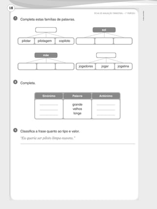 ©AREALEDITORES
FICHA DE AVALIAÇÃO TRIMESTRAL – 1.º PERÍODO
8 	Completa.
9 	 Classifica a frase quanto ao tipo e valor.
	 “Eu queria ser piloto limpa-nuvens.”
	
grande
velhos
longe
Sinónimo Palavra Antónimo
7 	 Completa estas famílias de palavras.
pilotar pilotagem copiloto
sol
jogadores jogar jogatina
mãe
18
LP3F_FA_P001_028_20123101_4P.indd 18 13/06/28 16:28
 
