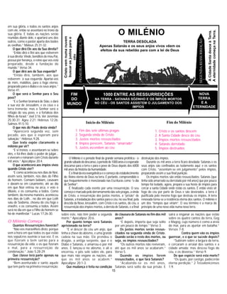 15
TERRA DESOLADA
Apenas Satanás e os seus anjos vivos vêem os
efeitos da sua rebelião para com a lei de Deus
FIM
DO
MUNDO
Cristovemnumanuvem
buscarosjustosparao
céu
SEGUNDARESSURREIÇÃO
ACidadeSantadesceàTerra.
AeternidadecomeçanaTerra.
1000 ENTRE AS RESSURREIÇÕES
NA TERRA - SATANÁS SÓZINHO E OS ÍMPiOS MORTOS
NO CÉU - OS SANTOS ASSISTEM O JULGAMENTO DOS
IMPÍOS
NOVA
TERRA
E A
ETERNIDADE
Início do Milénio
1. Fim das sete últimas pragas
2. Segunda vinda de Cristo
3. Justos mortos ressuscitados
4. Impíos perecem, Satanás “amarrado”
5. Justos ascendem ao céu
Fim do Milénio
1. Cristo e os santos descem
2. A Santa Cidade desce do céu
3. Ímpios mortos ressuscitados
4. Satanás derrotado
5. Ímpios destruídos
O Milénio é o período final da grande semana profética - o
grandesábadodedescanso,operíodode1000anoséoesperado
descanso para a terra e para o povo de Deus depois dos 6000
mil anos da história da humanidade.
Éofinaldaeraevangelísticaeocomeçodoestabelecimento
do Reino eterno de Deus na terra. É portanto, compreendido o
que frequentemente é mencionado nas Escrituras como “o dia
do Senhor”.
É finalizado cada evento por uma ressurreição. O seu
começoémarcadopeloderramamentodassetepragas,avinda
de Cristo, a ressurreição dos justos mortos, a “prisão” de
Satanás, a trasladação dos santos para o céu; no seu final, pela
descida da Nova Jerusalém, com Cristo e os santos, do céu, a
ressurreição dos ímpios mortos, a derrota de Satanás, e a final
PRIMEIRARESSURREIÇÃO
O MILÉNIO
em sua glória, e todos os santos anjos
com ele, então se assentará no trono da
sua glória. E todas as nações serão
reunidas diante dele, e apartará uns dos
outros, como o pastor aparta dos bodes
as ovelhas.” Mateus 25:31-32.
O que dirá Ele aos da Sua direita?
“Então dirá o Rei aos que estiverem
àsuadireita:Vinde,benditosdemeuPai,
possuí por herança, o reino que vos está
preparado, desde a fundação do
mundo.” Verso 34.
O que dirá aos da Sua esquerda?
“Então dirá, também, aos que
estiverem à sua esquerda: Apartai-vos
de mim, malditos, para o fogo eterno,
preparado para o diabo e os seus anjos.”
Verso 41.
O que será o Senhor para o Seu
povo?
“E o Senhor bramará de Sião, e dará
a sua voz de Jerusalém, e os céus e a
terra tremerão; mas o Senhor será o
refúgio do seu povo, e a fortaleza dos
filhos de Israel.” Joel 3:16. Ver Jeremias
25:30-31; Ageu 2:21; Hebreus 12:26;
Salmos 91:5-10.
O que nos diz Paulo desta vinda?
“Aparecerá segunda vez, sem
pecado, aos que o esperam para
salvação.” Hebreus 9:28.
Que texto expõe claramente o
milénio por vir?
“E vi tronos; e assentaram-se sobre
eles, e foi-lhes dado o poder de julgar...
e viveram e reinaram com Cristo durante
mil anos.” Apocalipse 20:4.
O que acontecerá aos ímpios vivos
quando Cristo vier?
“E como aconteceu nos dias de Noé,
assim será, também, nos dias do Filho
do homem. Comiam bebiam, casavam
e davam-se em casamento, até ao dia
em que Noé entrou na arca, e veio o
dilúvio, e os consumiu a todos. Como
também, da mesma maneira, aconteceu
nos dias de Loth... no dia em que Loth
saiu de Sodoma, choveu do céu fogo e
enxofre, e os consumiu a todos. Assim
será no dia em que o Filho do homem se
há-de manifestar.” Lucas 17:26-30.
O Milénio Começa
Quantas Ressurreições haverão?
“Não vos maravilheis disto; porque
vem a hora em que todos os que estão
nos sepulcros ouvirão a sua voz. E os
que fizeram o bem sairão para a
ressurreição da vida; e os que fizeram
o mal, para a ressurreição da
condenação.” João 5:28-29.
Que classe terá parte apenas na
primeira ressurreição?
“Bem-aventurado e santo aquele
que tem parte na primeira ressurreição:
sobre este, não têm poder a segunda
morte.” Apocalipse 20:6.
Por quanto tempo será Satanás
aprisionado na terra?
“E vi descer do céu um anjo, que
tinha a chave do abismo, e uma grande
cadeia na sua mão. Ele prendeu o
dragão, a antiga serpente, que é o
Diabo e Satanás, e amarrou-o por mil
anos. E lançou-o no abismo, e ali o
encerrou, e pôs selo sobre ele, para
que mais não engane as nações, até
que os mil anos se acabem.”
Apocalipse 20:1-3.
Que mudança é feita na condição
de clausura de Satanás no fim dos mil
anos?
“E depois, importa que seja solto
por um pouco de tempo.” Verso 3.
Os justos mortos serão ressus-
citados na segunda vinda de Cristo.
Quando serão o resto dos mortos, ou
seja, os ímpios ressuscitados?
“Os outros mortos não reviveram,
até que os mil anos se acabaram.”
Verso 5.
Quando os ímpios forem
ressuscitados, o que fará Satanás?
“Acabando-se os mil anos,
Satanás será solto da sua prisão. E
sairá a enganar as nações que estão
sobre os quatro cantos da terra, Gog
e Magog, cujo número é como a areia
do mar, para as ajuntar em batalha.”
Versos 7-8.
Contra quem vão os ímpios
guerrear, e o que se sucede depois?
“Subiram sobre a largura da terra,
e cercaram o arraial dos santos e a
cidade amada; mas desceu fogo do
céu, e os devorou.” Verso 9.
De que espécie será esta morte?
“Os quais, por castigo, padecerão
eterna perdição.” 2 Tessalonicenses
1:9.
destruição dos ímpios.
Durante os mil anos a terra ficará desolada; Satanás e os
seus anjos são confinados ao isolamento aqui; e os santos
com Cristo, “assentam-se em julgamento” pelos ímpios,
preparando assim a sua final punição.
Os ímpios mortos são então ressuscitados; Satanás (que
tinha sido amarrado ou derrotado por mil anos) que por pouco
tempo foi isolado, agora, prepara a sua hoste de ímpios para
cercar a santa Cidade onde estão os santos. É então visto vir
fogo do céu por parte de Deus e são devorados. a terra é
purificada pelo mesmo fogo que destruiu os ímpios. A terra
renovada torna-se a residência eterna dos santos. O milénio é
um dos “tempos que viriam”. O seu término é a marca do
princípio de uma nova vida numa nova terra.
 