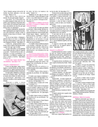 8
no mar de vidro. Ver Apocalipse 15:2.
“Videscerdocéuoutroanjoquetinha
grande poder, e a terra foi iluminada com
a sua glória. E clamou fortemente, com
grande voz, dizendo: Caiu, caiu a grande
Babilónia, e se tornou morada de
demónios, e coito de todo o espírito
imundo, e coito de toda a ave imunda e
aborrecível;
“Porque a todas as nações beberam
do vinho da sua prostituição, e os reis da
terra se prostituiram com ela; e os
mercadoresdaterraseenriqueceramcom
a abundância das suas delícias.
“E ouvi outra voz do céu, que dizia:
Sai dela povo meu, para que não sejas
participante dos seus pecados, e para que
nãoincorrasnassuaspragas.”Apocalipse
18:1-4. Sair de Babilónia significa sair das
igrejas falsas.
“E segui-os o terceiro anjo, dizendo
com grande voz: Se alguém adorar a
besta...” Apocalipse 14:9.
Quem é a Besta?
O profeta Daniel teve visões e sonhos
em que viu “Quatro animais grandes,
diferentesunsdosoutros,subiamdomar.
O primeiro era como leão”. Daniel 7:3-
4BABILÓNIA, dominou o mundo de 606 a
539 A.C.
“O segundo animal, semelhante a um
urso,oqualselevantoudeumlado.”Daniel
7:5.
Umladoeramaisfortedoqueooutro.
OS MEDOS E OS PERSAS, dominaram o
mundode539a331A.C..Ospersaseram
mais fortes e vieram mais tarde.
“Continuei olhando, e eis aqui outro,
semelhante a um leopardo.” Daniel 7:6.
A GRÉCIA dominou o mundo de 331
a 168 A.C..
“Depois disto... eis aqui o quarto ani-
mal, terrível e espantoso, e muito forte, o
qual tinha dentes de ferro; ele devorava e
fazia em pedaços, e pisava a pés o que
sobejava;eradiferentedetodososanimais
que apareceram antes dele, e tinha dez
pontas.” Daniel 7:7.
ROMAdominouomundode168A.C.
a 538 A.D.
“O quarto animal será o quarto reino
da terra.” Daniel 7:23.
OImpérioRomanofoidivididoemdez
reinos entre 351 e 476 A.D..
“Estando eu considerando as pontas,
eis que entre elas subiu outra ponta
pequena, diante da qual três das pontas
primeiras foram arrancadas; e eis que,
nesta ponta, havia olhos, como olhos de
homem, e uma boca que falava
grandiosamente.” Daniel 7:8
Esta ponta pequena é a besta de
Apocalipse 14:9. O PAPADO.
Antes que a Igreja Papal pudesse ter
tido completo domínio sobre o estado, ela
teve que eliminar três das dez pontas, que
foram os Hérulos, os Vândalos e os
Ostrogodos. Estes reinos Arianos foram
completamente subjugados em 538 A.D.,
e a partir desta data o papado dominou os
reis da terra por 1260 anos. 538 - 1798
A.D. Ver quadro.
“Eu olhava, e eis que esta ponta fazia
guerra contra os santos, e os vencia.... E
proferirá palavras contra o Altíssimo, e
destruiráossantosdoAltíssimo,ecuidará
em mudar os tempos e a lei; e eles serão
entregues na sua mão, por um tempo, e
tempos, e metade de um tempo.” Daniel
7:21-25.
“E pisará a cidade santa [a igreja
verdadeira] por quarenta e dois meses.”
Apocalipse 11:2.
“E a mulher [a igreja verdadeira] fugiu
para o deserto, onde já tinha lugar
preparado por Deus, para que ali fosse
alimentada durante mil duzentos e
sessenta dias.” Apocalipse 12:6.
Aigrejaverdadeirafoiperseguidapela
IgrejaCatólicaRomanadurante1260anos,
538 AD a 1798 AD.
Milhões Martirizados
“Nenhum protestante que tenha um
completo conhecimento da história, porá
emdúvidaofactodequeaIgrejadeRoma
temderramadomaissangueinocenteque
nenhumaoutrainstituiçãoquejamaistenha
existidonaterra.Éimpossivelterumaideia
completadassuasvítimas.”W.E.H.Leeky,
History of the Rise and Influence of the
SpiritofRationalisminEurope,Vol.2:32,
1919 edition. Uma excelente descrição
detalhadasobreodireitodaIgrejaCatólica
“Vai-te, Satanás, porque está escrito: Ao
Senhor, teu Deus, adorarás, e só a ele
servirás.” Mateus 4:10.
Maria, mãe de Jesus, está no seu
túmulo. Ela não pode ajudar ninguém.
Jesus disse: “Eu e o Pai somos um.
Os judeus pegaram então outra vez, em
pedras,paraoapedrejar.Respondeu-lhes
Jesus: tenho-vos mostrado muitas obras
boas, procedentes de meu Pai, por qual
destas obras me apedrejais?
“Osjudeusresponderam,dizendo-lhe:
Não te apedrejamos por alguma boa obra,
mas pela blasfémia; porque sendo tu
homem, te fazes Deus a ti mesmo.” João
10:30-33.
“Eu sei as tuas obras, e tribulação e
pobreza (mas tu és rico), e a blasfémia
dosquesedizemjudeus,enãoosão,mas
sãosinagogadeSatanás.”Apocalipse2:9.
“E disse-me... porque próximo está o
tempo.Queméinjusto,façainjustiçaainda;
e quem está sujo, suje-se ainda....
“Eisquecedovenho,eomeugalardão
está comigo, para dar a cada um segundo
a sua obra.... Ficarão de fora os cães e os
feiticeiros, e os que se prostituem, e os
homicidas, e os idólatras e qualquer que
ama e comete a mentira.” Apocalipse
22:10-12, 15.
“E outro anjo, seguiu, dizendo: Caiu,
caiu Babilónia.” Apocalipse 14:8.
Quem é Babilónia?
O livro de Apocalipse utiliza nomes,
lugares e eventos literais do Velho Testa-
mento para os utilizar posteriormente de
umaformasimbólicanoNovoTestamento:
EmApocaplise,Babilóniaéusadapara
descrever as igrejas caídas: “Que a todas
as nações deu a beber do vinho da ira da
sua prostituição.” Apocalipse 14:8.
Belshazar desafiou a Deus quando estava
bêbado:
“Beberam o vinho, e deram
louvores aos deuses de ouro e de prata,
de cobre, de ferro, de madeira e de
pedra.” Daniel 5:4.
“Babilónia era um copo de ouro na
mão do Senhor, o qual embriagava a toda
a terra: o seu vinho beberam as nações;
por isso as nações enlouqueceram.”
Jeremias 51:7.
BABILÓNIA É O SÍMBOLO DA FALSA
RELIGIÃO, E O VINHO É O SÍMBOLO DAS
SUASDOUTRINAS
“E veio um dos sete anjos que tinham
assetetaças,efaloucomigo,dizendo-me:
Vem, mostrar-te-ei a condenação da
grandeprostitutaqueestáassentadasobre
muitas águas; [águas - significam em
profecia povos, multidões e linguas.
Apocalipse 17:15] com a qual se
prostituiram os reis da terra; e os que
habitam na terra se embebedaram com o
vinho da sua prostituição....
“E a mulher estava vestida de púrpura
e de escarlata, e adornada com ouro, e
pedras preciosas e pérolas; e tinha na sua
mão um cálice de ouro, cheio das
abominações e da imundícia da sua
prostituição;
“E na sua testa estava escrito o nome:
MISTÉRIO,AGRANDEBABIBÓNIA,AMÃE
DASPROSTITUTASEABOMINAÇÕESDA
TERRA.
“E vi que a mulher estava
embriagada do sangue dos santos, e do
sangue das testemunhas de Jesus.”
Apocalipse 17:1-6.
UMA MULHER em profecia é o
símbolodaigreja,tantoaigrejaverdadeira
como a apóstata.
A mulher impura (falsa igreja) é
chamada de prostituta. Ver Apocalipse
17:1.
A mulher pura (igreja verdadeira) é
chamada de virgem. Ver Apocalipse 14:4.
A mulher impura prostitui-se com os
reis da terra. Ver Apocalipse 17:2.
A mulher pura é casada com Cristo.
Ver 2 Coríntios 11:2.
A mulher impura veste-se de púrpura
e cor de escarlata, e adorna-se com ouro
e pedras preciosas. Ver Apocalipse 17:4.
A mulher pura veste-se de linho fino,
puro e resplandecente. Ver Apocalipse
19:8.
A mulher impura ensina as tradições
da imundícia da sua prostituição. Ver
Apocalipse 17:4.
A mulher pura ensina a Santa Palavra
de Deus. Ver Apocalipse 14:5.
A mulher impura obriga pela força o
mundo inteiro a obedecer às leis dos
homens. Ver Apocalipse 13:15.
A mulher pura guarda os manda-
mentos de Deus. Ver Apocalipse 14:12.
A mulher impura será destruida por
Deus. Ver Apocalipse 19:20.
AmulherpurapermanecerácomDeus
 