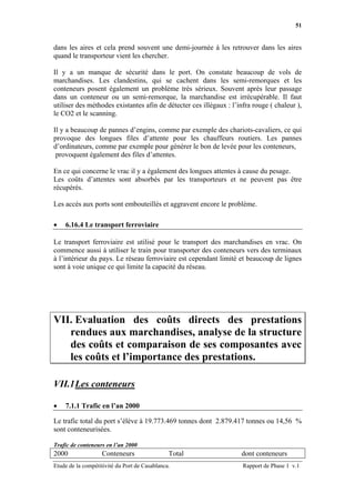 51


dans les aires et cela prend souvent une demi-journée à les retrouver dans les aires
quand le transporteur vient les chercher.

Il y a un manque de sécurité dans le port. On constate beaucoup de vols de
marchandises. Les clandestins, qui se cachent dans les semi-remorques et les
conteneurs posent également un problème très sérieux. Souvent après leur passage
dans un conteneur ou un semi-remorque, la marchandise est irrécupérable. Il faut
utiliser des méthodes existantes afin de détecter ces illégaux : l’infra rouge ( chaleur ),
le CO2 et le scanning.

Il y a beaucoup de pannes d’engins, comme par exemple des chariots-cavaliers, ce qui
provoque des longues files d’attente pour les chauffeurs routiers. Les pannes
d’ordinateurs, comme par exemple pour générer le bon de levée pour les conteneurs,
 provoquent également des files d’attentes.

En ce qui concerne le vrac il y a également des longues attentes à cause du pesage.
Les coûts d’attentes sont absorbés par les transporteurs et ne peuvent pas être
récupérés.

Les accès aux ports sont embouteillés et aggravent encore le problème.

•   6.16.4 Le transport ferroviaire

Le transport ferroviaire est utilisé pour le transport des marchandises en vrac. On
commence aussi à utiliser le train pour transporter des conteneurs vers des terminaux
à l’intérieur du pays. Le réseau ferroviaire est cependant limité et beaucoup de lignes
sont à voie unique ce qui limite la capacité du réseau.




VII. Evaluation des coûts directs des prestations
   rendues aux marchandises, analyse de la structure
   des coûts et comparaison de ses composantes avec
   les coûts et l’importance des prestations.

VII.1 Les conteneurs

•   7.1.1 Trafic en l’an 2000

Le trafic total du port s’élève à 19.773.469 tonnes dont 2.879.417 tonnes ou 14,56 %
sont conteneurisées.

Trafic de conteneurs en l’an 2000
2000               Conteneurs                  Total                dont conteneurs
Etude de la compétitivité du Port de Casablanca.                     Rapport de Phase 1 v.1
 