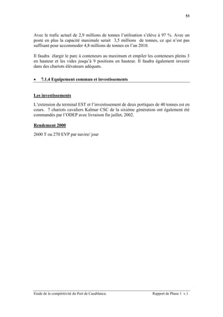 53




Avec le trafic actuel de 2,9 millions de tonnes l’utilisation s’élève à 97 %. Avec un
poste en plus la capacité maximale serait 3,5 millions de tonnes, ce qui n’est pas
suffisant pour accommoder 4,8 millions de tonnes en l’an 2010.

Il faudra élargir le parc à conteneurs au maximum et empiler les conteneurs pleins 3
en hauteur et les vides jusqu’à 9 positions en hauteur. Il faudra également investir
dans des chariots élévateurs adéquats.

•   7.1.4 Equipement commun et investissements


Les investissements

L’extension du terminal EST et l’investissement de deux portiques de 40 tonnes est en
cours. 7 chariots cavaliers Kalmar CSC de la sixième génération ont également été
commandés par l’ODEP avec livraison fin juillet, 2002.

Rendement 2000

2600 T ou 270 EVP par navire/ jour




Etude de la compétitivité du Port de Casablanca.                Rapport de Phase 1 v.1
 