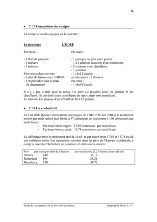 56




•      7.1.7 Composition des équipes

La composition des équipes est la suivante :


Le stevedore                       L’ODEP

Par main :                                  Par main :

- 1 chef de panneau                         - 1 portique ou grue avec grutier
- 4 dockers                                 - 1 à 2 chariots cavaliers avec conducteur
- 1 pointeur                                - 2 tracteurs avec chauffeurs
                                            - 1 pointeur
Pour un ou deux navires:                    - 1 chef d’équipe
- 1 chef de liaison avec l’ODEP             -si nécessaire : 2 dockers
- 1 responsable pour le plan                Par zone :
  de chargement                             - 1 chef d’escale

Il n’y a pas d’arrêt pour le repas. Un arrêt est possible pour les grutiers et les
chauffeurs. Ils ont droit à une demi-heure de repos, mais sont remplacés.
Le terminal Est dispose d’un effectif de 10 à 12 grutiers.

•      7.1.8 La productivité

En l’an 2000 (Source «Indicateurs statistiques de l’ODEP février 2001») le rendement
moyen par main utilisé était limité à 87 conteneurs ou seulement 11,60 conteneurs par
main/heure :
           - Par heure brute import: 17,89 conteneurs par main/heure
           - Par heure brute export: 13,74 conteneurs par main/heure

La différence entre le rendement réel de 11,60 et par heure brute 17,89 et 13,74 est dû
aux multiples arrêts. Les rendements moyens dans les pays de l’Europe occidentale, y
compris ouverture/fermeture de panneaux et arrêts occasionnels :

Port       par main par shift de 8 heures      par main/heure (7,25 heures de travail net)
Anvers            240                                       33,10
Rotterdam         190                                       26,21
Hambourg          230                                       31,72




Etude de la compétitivité du Port de Casablanca.                           Rapport de Phase 1 v.1
 