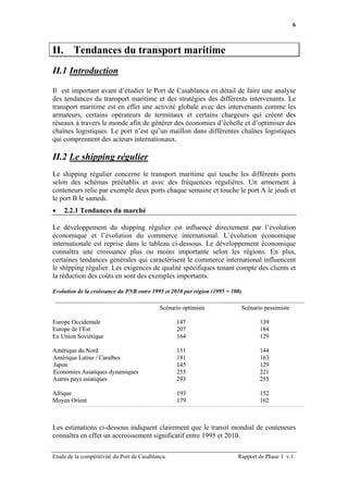 6



II. Tendances du transport maritime
II.1 Introduction

Il est important avant d’étudier le Port de Casablanca en détail de faire une analyse
des tendances du transport maritime et des stratégies des différents intervenants. Le
transport maritime est en effet une activité globale avec des intervenants comme les
armateurs, certains opérateurs de terminaux et certains chargeurs qui créent des
réseaux à travers le monde afin de générer des économies d’échelle et d’optimiser des
chaînes logistiques. Le port n’est qu’un maillon dans différentes chaînes logistiques
qui comprennent des acteurs internationaux.

II.2 Le shipping régulier
Le shipping régulier concerne le transport maritime qui touche les différents ports
selon des schémas préétablis et avec des fréquences régulières. Un armement à
conteneurs relie par exemple deux ports chaque semaine et touche le port A le jeudi et
le port B le samedi.
•   2.2.1 Tendances du marché

Le développement du shipping régulier est influencé directement par l’évolution
économique et l’évolution du commerce international. L’évolution économique
internationale est reprise dans le tableau ci-dessous. Le développement économique
connaîtra une croissance plus ou moins importante selon les régions. En plus,
certaines tendances générales qui caractérisent le commerce international influencent
le shipping régulier. Les exigences de qualité spécifiques tenant compte des clients et
la réduction des coûts en sont des exemples importants.

Evolution de la croissance du PNB entre 1995 et 2010 par région (1995 = 100)

                                             Scénario optimiste            Scénario pessimiste

Europe Occidentale                                 147                            139
Europe de l’Est                                    207                            184
Ex Union Soviétique                                164                            129

Amérique du Nord                                   151                            144
Amérique Latine / Caraïbes                         181                            163
Japon                                              145                            129
Economies Asiatiques dynamiques                    255                            221
Autres pays asiatiques                             293                            255

Afrique                                            193                            152
Moyen Orient                                       179                            162



Les estimations ci-dessous indiquent clairement que le transit mondial de conteneurs
connaîtra en effet un accroissement significatif entre 1995 et 2010.

Etude de la compétitivité du Port de Casablanca.                          Rapport de Phase 1 v.1
 