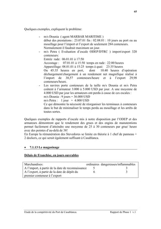 65




Quelques exemples, expliquent le problème:

             -   m/s Dounia ( agent MARBAR MARITIME )
                 début des prestations : 23.07.01 fin : 02.08.01 : 10 jours au port ou au
                 mouillage pour l’import et l’export de seulement 284 conteneurs.
                 Normalement il faudrait maximum un jour.
             -   m/s Petra ( Evaluation d’escale ODEP/DTRC ) import/export 320
                 conteneurs:
                 Entrée rade: 06.01.01 à 17:50
                 Accostage : 07.01.01 à 15:50 temps en rade : 22:00 heures
                 Appareillage: 08.01.01 à 15:25 temps à quai: 23:35 heures
                 Ou 45:35 heures en port,           dont     10:40 heures d’opération
                 déchargement/chargement à un rendement net magnifique réalisé à
                 l’import de 38,57 conteneurs/heure et à l’export 29,98
                 conteneurs/heure.
             -   Les navires porte conteneurs de la taille m/s Dounia et m/s Petra
                 coûtent à l’armateur 3.000 à 5.000 USD par jour. A une moyenne de
                 4.000 USD par jour les armateurs ont perdu à cause de ces escales :
                 m/s Dounia : 9 jours = 36.000 USD
                 m/s Petra : 1 jour = 4.000 USD
                 Ce qui démontre la nécessité de réorganiser les terminaux à conteneurs
                 dans le but de minimaliser le temps perdu au mouillage et les arrêts de
                 toutes sortes.

Quelques exemples de rapports d’escale mis à notre disposition par l’ODEP et des
armateurs démontrent que le rendement des grues et des engins de manutentions
permet facilement d’atteindre une moyenne de 25 à 30 conteneurs par grue/ heure
avec des pointes d’au-delà de 38!
En Europe la rémunération des Stevedores se limite en théorie à 1 chef de panneau +
2 dockers, ce qui serait également suffisant à Casablanca.

•   7.1.13 Le magasinage

Délais de Franchise, en jours ouvrables

Marchandises:                                    ordinaires dangereuses/inflammables
A l’import, à partir de la date de reconnaissance     5                       3
A l’export, à partir de la date de dépôt du           6                       3
premier conteneur à l’export




Etude de la compétitivité du Port de Casablanca.                    Rapport de Phase 1 v.1
 