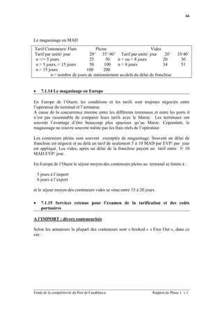 66




Le magasinage en MAD
Tarif Conteneurs/ Flats          Pleins                        Vides
Tarif par unité/ jour         20’ 35’/40’ Tarif par unité/ jour        20’        35/40’
n </= 5 jours                 25       50    n < ou = 8 jours         20            30
n > 5 jours, < 15 jours       50      100    n > 8 jours              34            51
n > 15 jours                100       200
         n = nombre de jours de stationnement au-delà du délai de franchise


•     7.1.14 Le magasinage en Europe

En Europe de l’Ouest, les conditions et les tarifs sont toujours négociés entre
l’opérateur du terminal et l’armateur.
A cause de la concurrence énorme entre les différents terminaux et entre les ports il
n’est pas raisonnable de comparer leurs tarifs avec le Maroc. Les terminaux ont
souvent l’avantage d’être beaucoup plus spacieux qu’au Maroc. Cependant, le
magasinage ne couvre souvent même pas les frais réels de l’opérateur.

Les conteneurs pleins sont souvent exemptés de magasinage. Souvent un délai de
franchise est négocié et au delà un tarif de seulement 5 à 10 MAD par EVP/ par jour
est appliqué. Les vides, après un délai de la franchise payent un tarif entre 5/ 10
MAD EVP/ jour.

En Europe de l’Ouest le séjour moyen des conteneurs pleins au terminal se limite à :

    5 jours à l’import
    6 jours à l’export

et le séjour moyen des conteneurs vides se situe entre 15 à 20 jours.

•     7.1.15 Services retenus pour l’examen de la tarification et des coûts
      portuaires

A l’IMPORT : divers conteneurisés

Selon les armateurs la plupart des conteneurs sont « booked » « Free Out », dans ce
cas :




Etude de la compétitivité du Port de Casablanca.                   Rapport de Phase 1 v.1
 