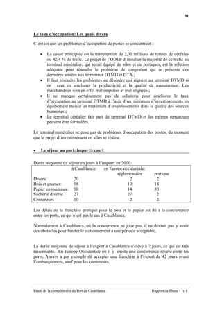 91



Le taux d’occupation: Les quais divers

C’est ici que les problèmes d’occupation de postes se concentrent :

    •   La cause principale est la manutention de 2,01 millions de tonnes de céréales
        ou 42,4 % du trafic. Le projet de l’ODEP d’installer la majorité de ce trafic au
        terminal minéralier, qui serait équipé de silos et de portiques, est la solution
        adéquate pour résoudre le problème de congestion qui se présente ces
        dernières années aux terminaux DTMD et DTA ;
    •   Il faut résoudre les problèmes de désordre qui règnent au terminal DTMD si
        on veut en améliorer la productivité et la qualité de manutention. Les
        marchandises sont en effet mal empilées et mal alignées ;
    •   Il ne manque certainement pas de solutions pour améliorer le taux
        d’occupation au terminal DTMD à l’aide d’un minimum d’investissements en
        équipement mais d’un maximum d’investissements dans la qualité des sources
        humaines ;
    •   Le terminal céréalier fait part du terminal DTMD et les mêmes remarques
        peuvent être formulées.

Le terminal minéralier ne pose pas de problèmes d’occupation des postes, du moment
que le projet d’investissement en silos se réalise.

•   Le séjour au port: import/export

Durée moyenne de séjour en jours à l’import: en 2000:
                    à Casablanca:     en Europe occidentale:
                                              réglementaire           pratique
Divers:              20                             2                  2
Bois et grumes:      18                            10                 14
Papier en rouleaux: 18                             14                 30
Sacherie diverse     27                            27                  2
Conteneurs           10                             2                  2

Les délais de la franchise pratiqué pour le bois et le papier est dû à la concurrence
entre les ports, ce qui n’est pas le cas à Casablanca.

Normalement à Casablanca, où la concurrence ne joue pas, il ne devrait pas y avoir
des obstacles pour limiter le stationnement à une période acceptable.


La durée moyenne de séjour à l’export à Casablanca s’élève à 7 jours, ce qui est très
raisonnable. En Europe Occidentale où il y existe une concurrence sévère entre les
ports, Anvers a par exemple dû accepter une franchise à l’export de 42 jours avant
l’embarquement, sauf pour les conteneurs.




Etude de la compétitivité du Port de Casablanca.                   Rapport de Phase 1 v.1
 